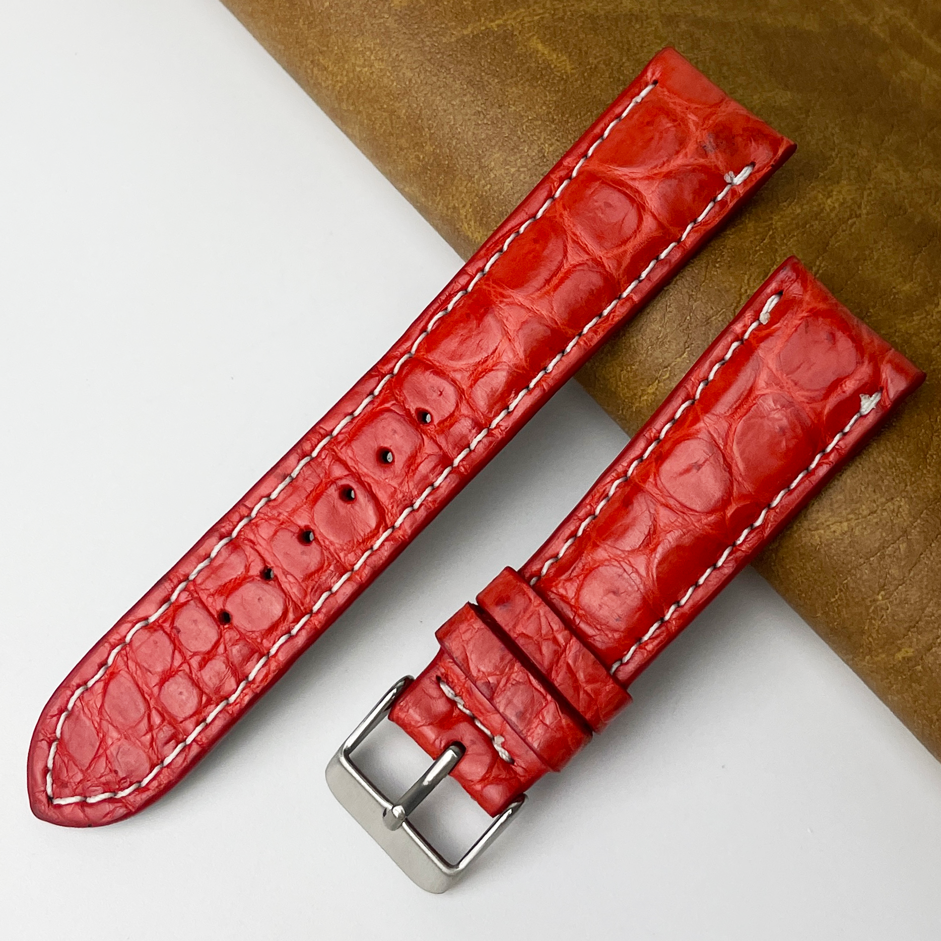 Red Orange White Stitching Alligator Leather Watch Band For Men