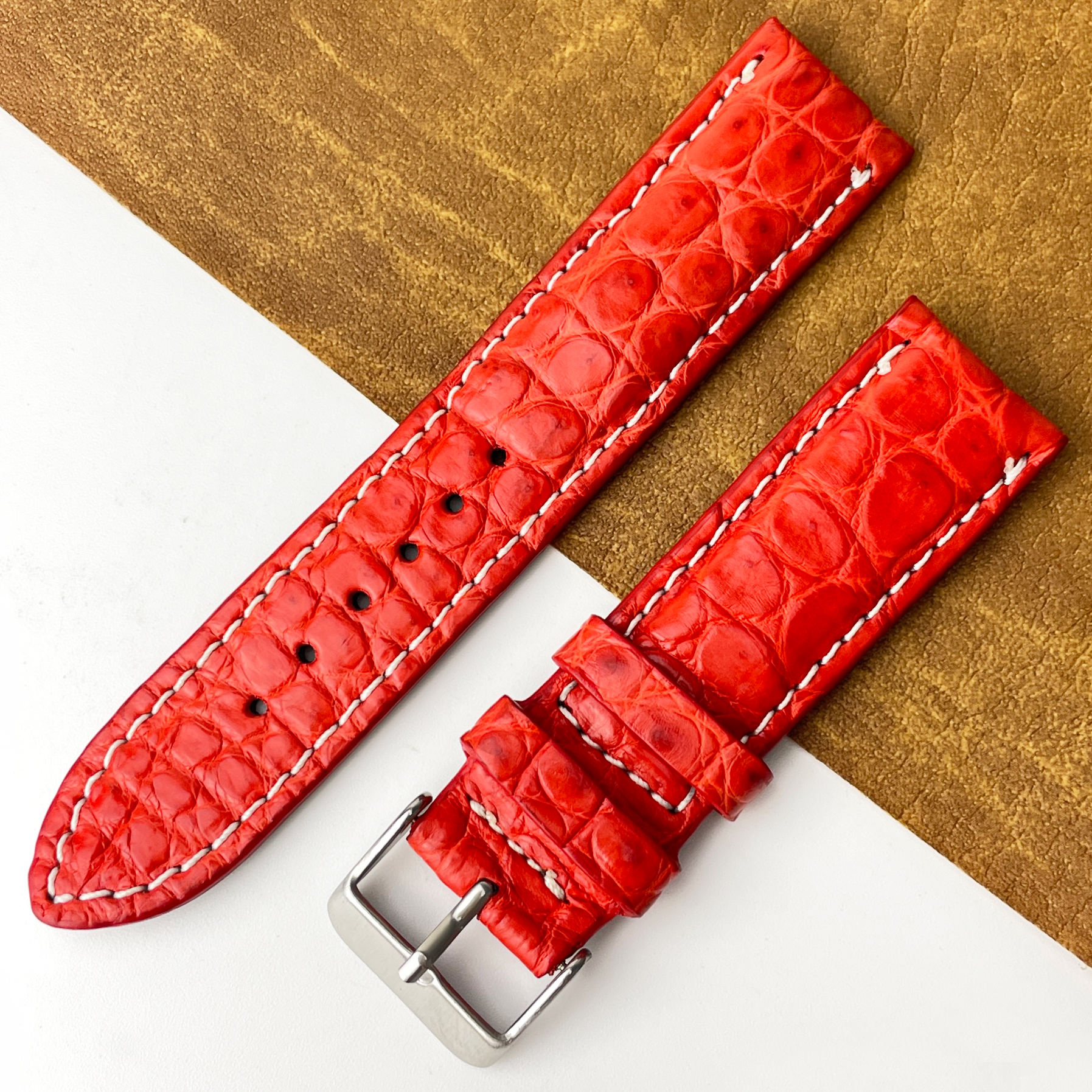 Bright Red Unique Pattern Alligator Leather Watch Band