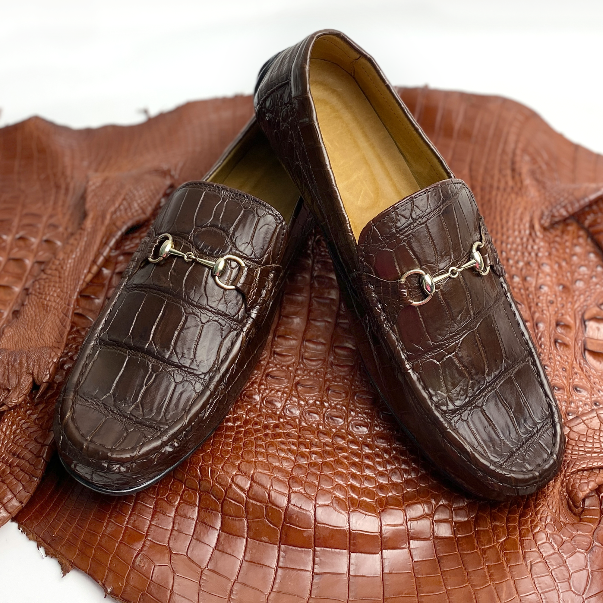 Men's Brown Alligator Leather Horsebit Loafers | Belly Crocodile Skin Loafer Shoes For Men - SH23C42