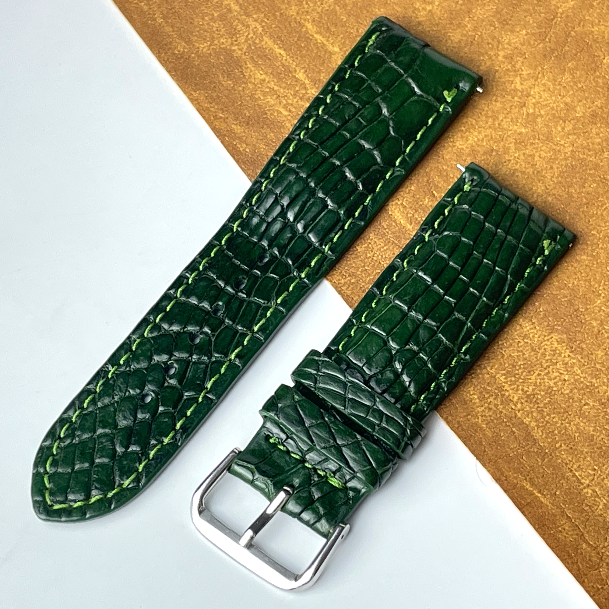 24mm Dark Green Unique Pattern Alligator Leather Watch Strap For Men DH-460CKV