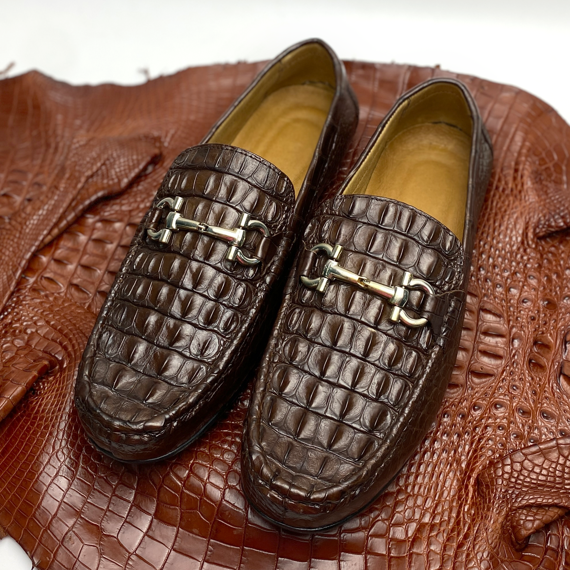 Dark Brown Mens Alligator Hornback Leather Loafers With Buckle | Crocodile Leather Slip On For Men | SH33D42