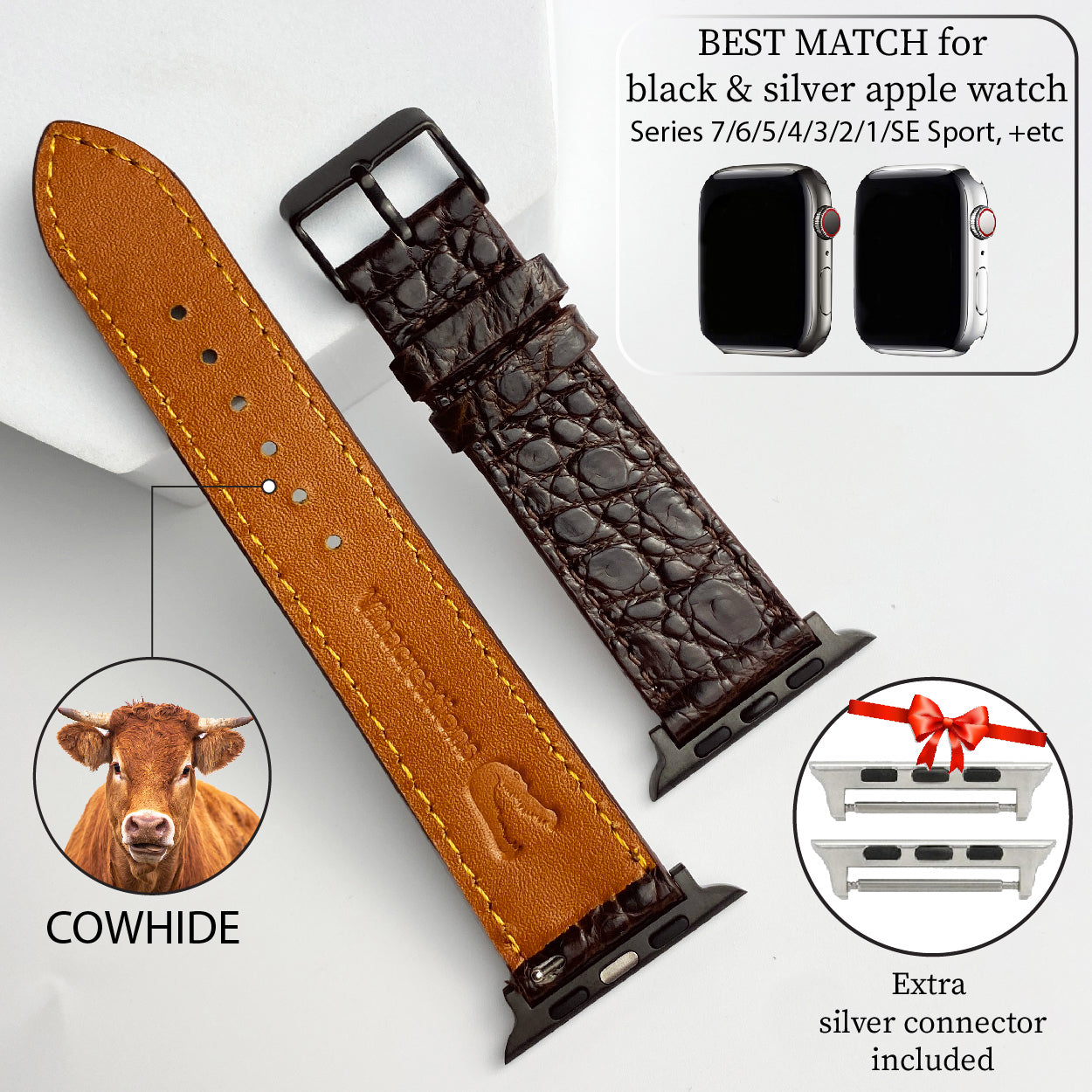 Dark Brown Flat Alligator Leather Strap For Apple Watch Ultra Series 8 7 6 5 4 3 SE | AW-23
