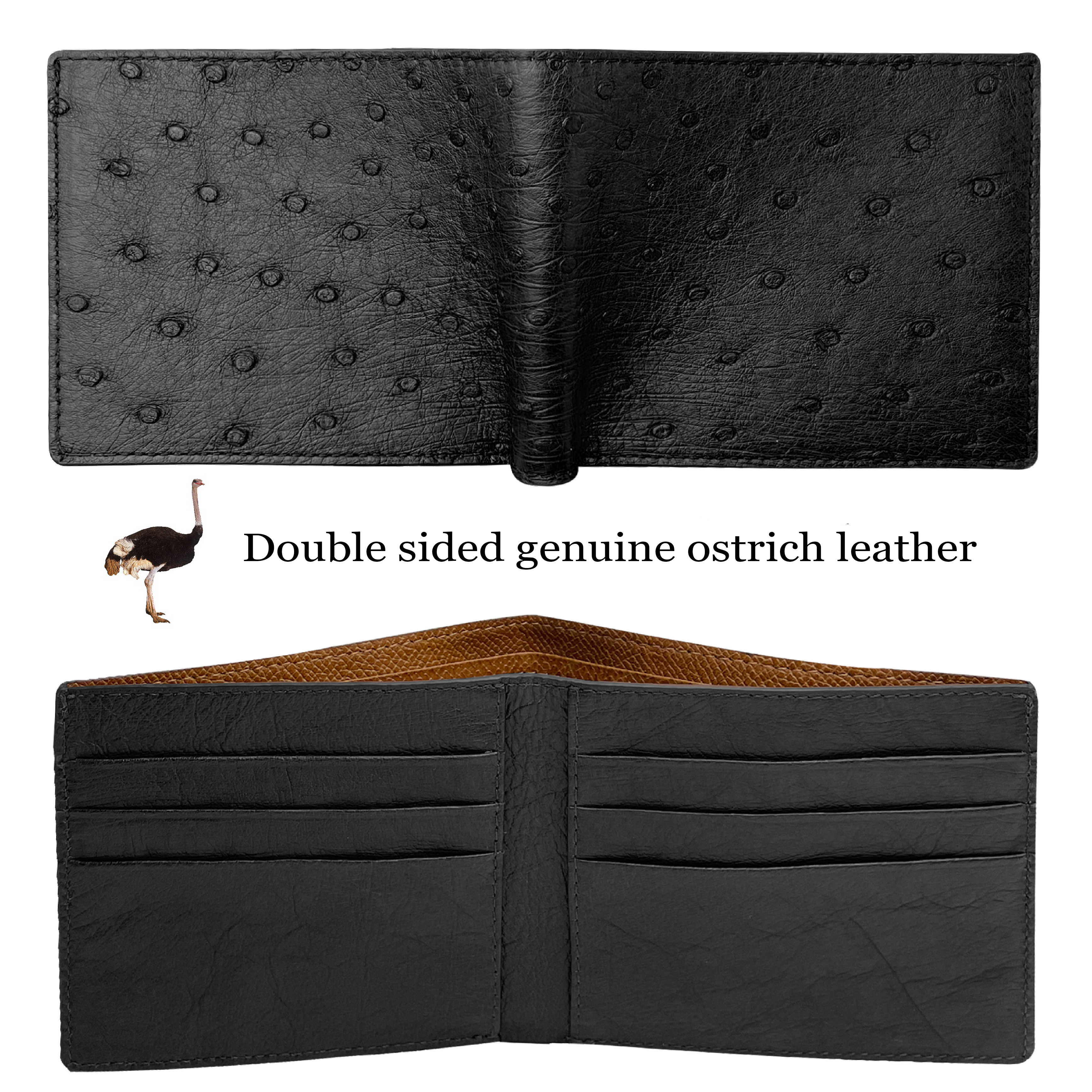 Black Handmade Double Side Ostrich Leather Bifold Wallet for Men