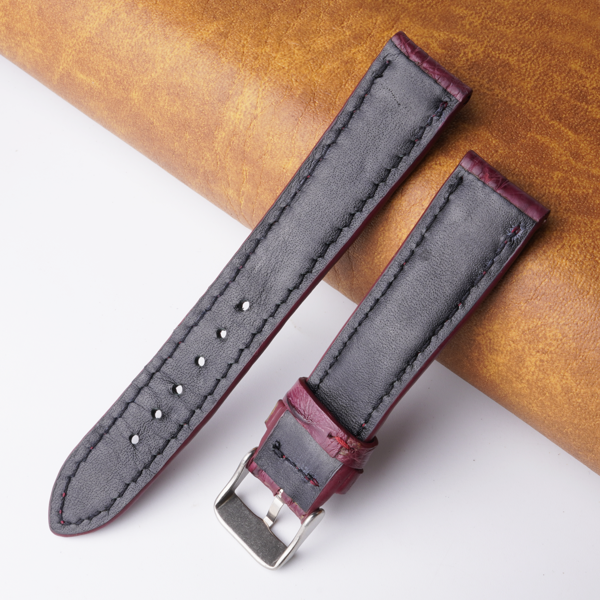 18mm Burgundy Unique Pattern Alligator Leather Watch Band For Men DH-223N