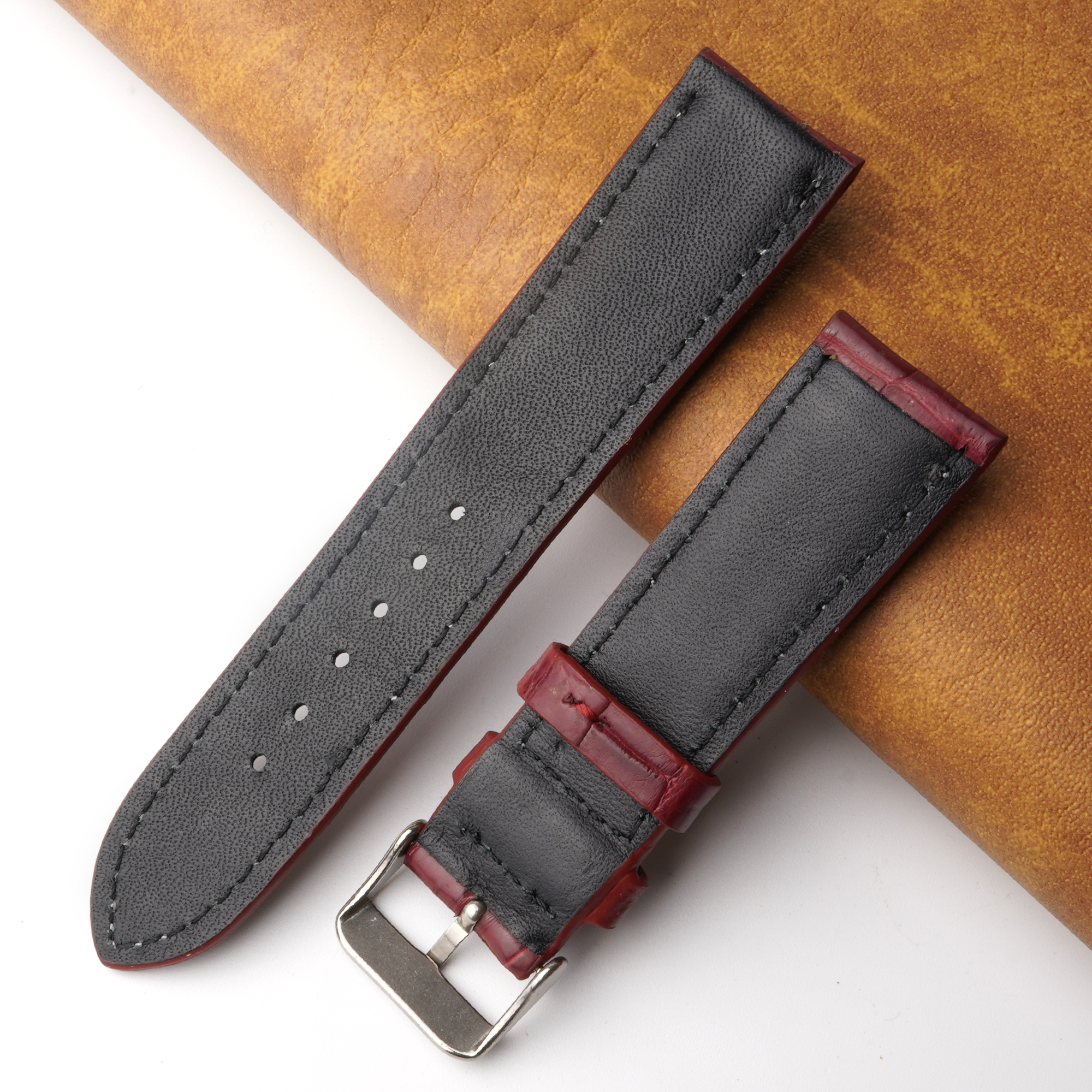 22mm Burgundy Unique Pattern Alligator Leather Watch Band For Men DH-224X