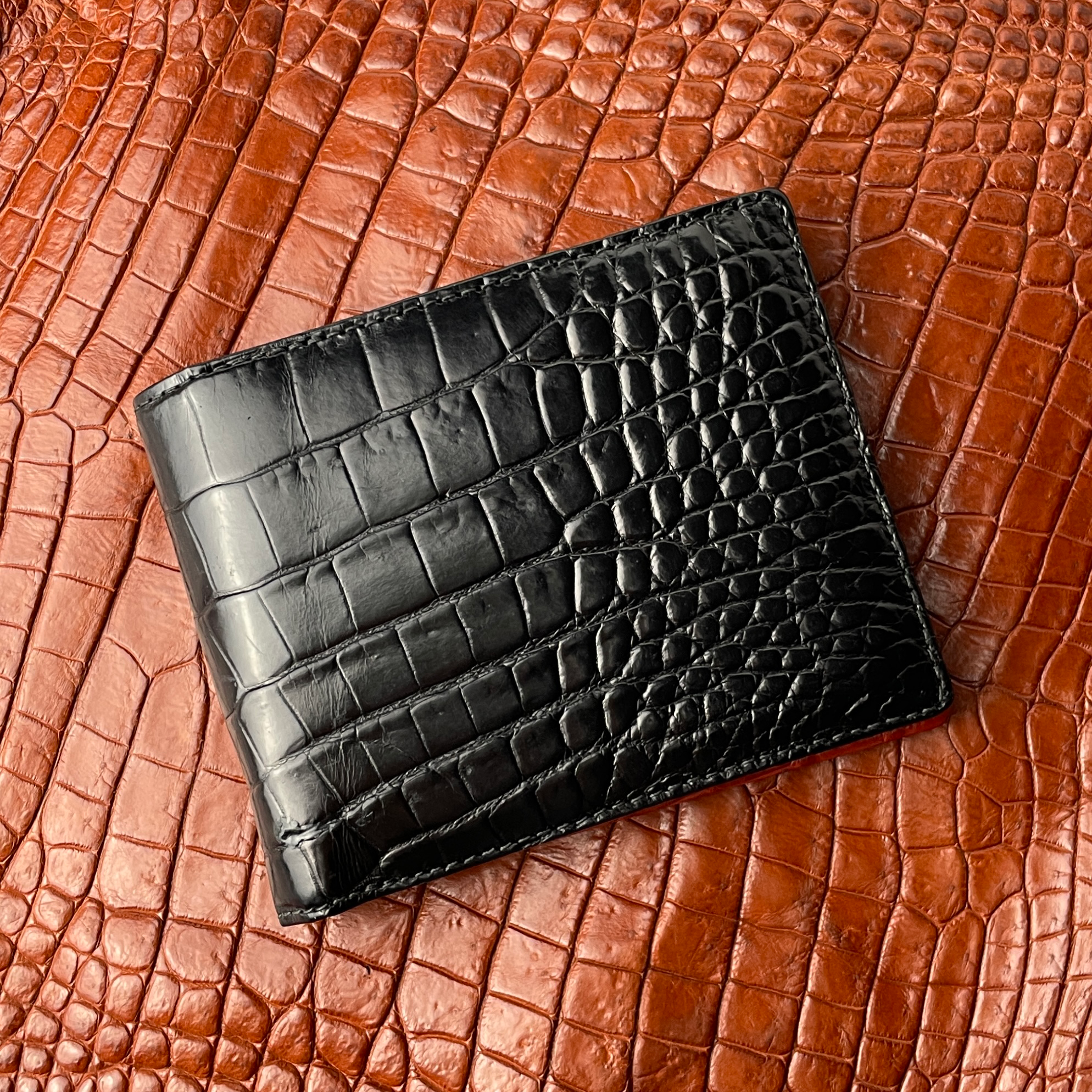 Black Red Double Side Alligator Slim Bifold Wallet For Men