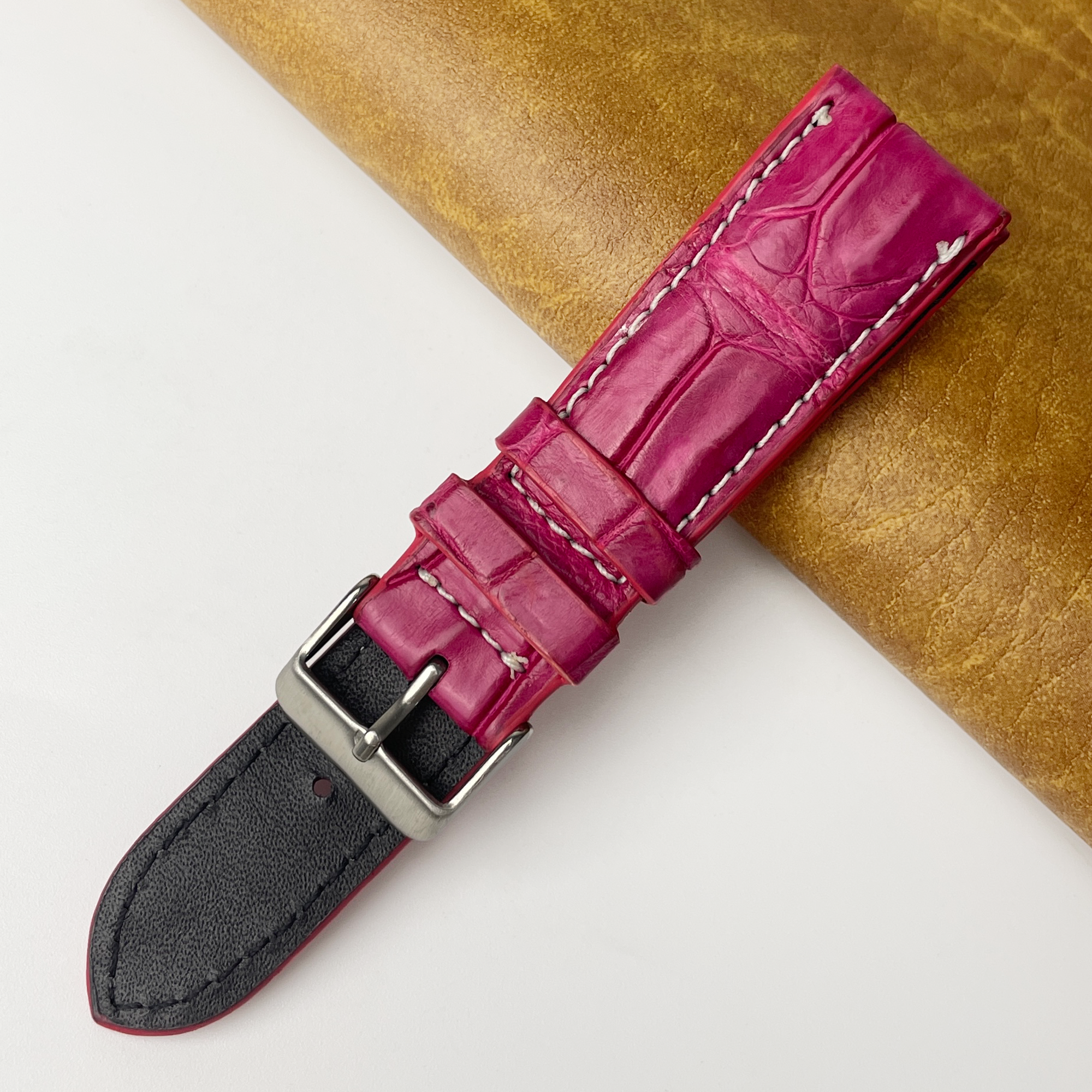 Pink Purple White Stitching Alligator Leather Watch Band For Men
