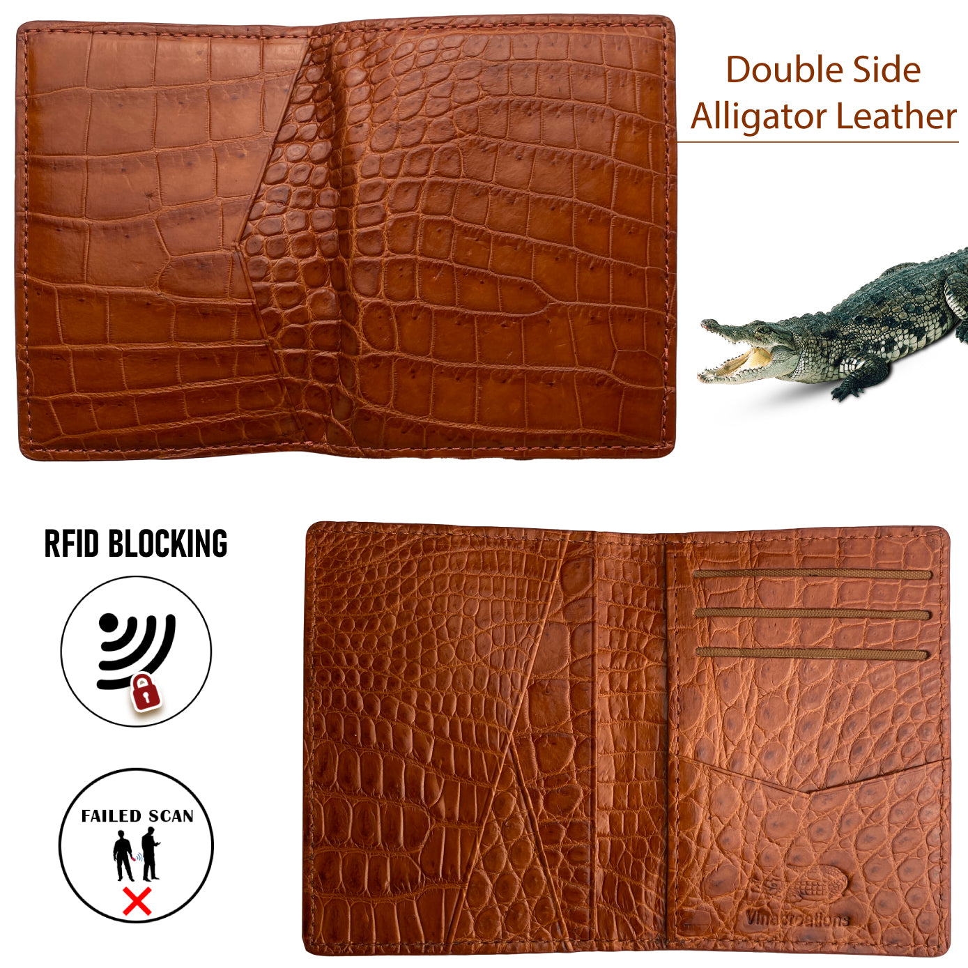 Light Brown Alligator Leather Bifold Credit Card Holder Double Side Crocodile | RFID Blocking | LIGHT-CARD-15
