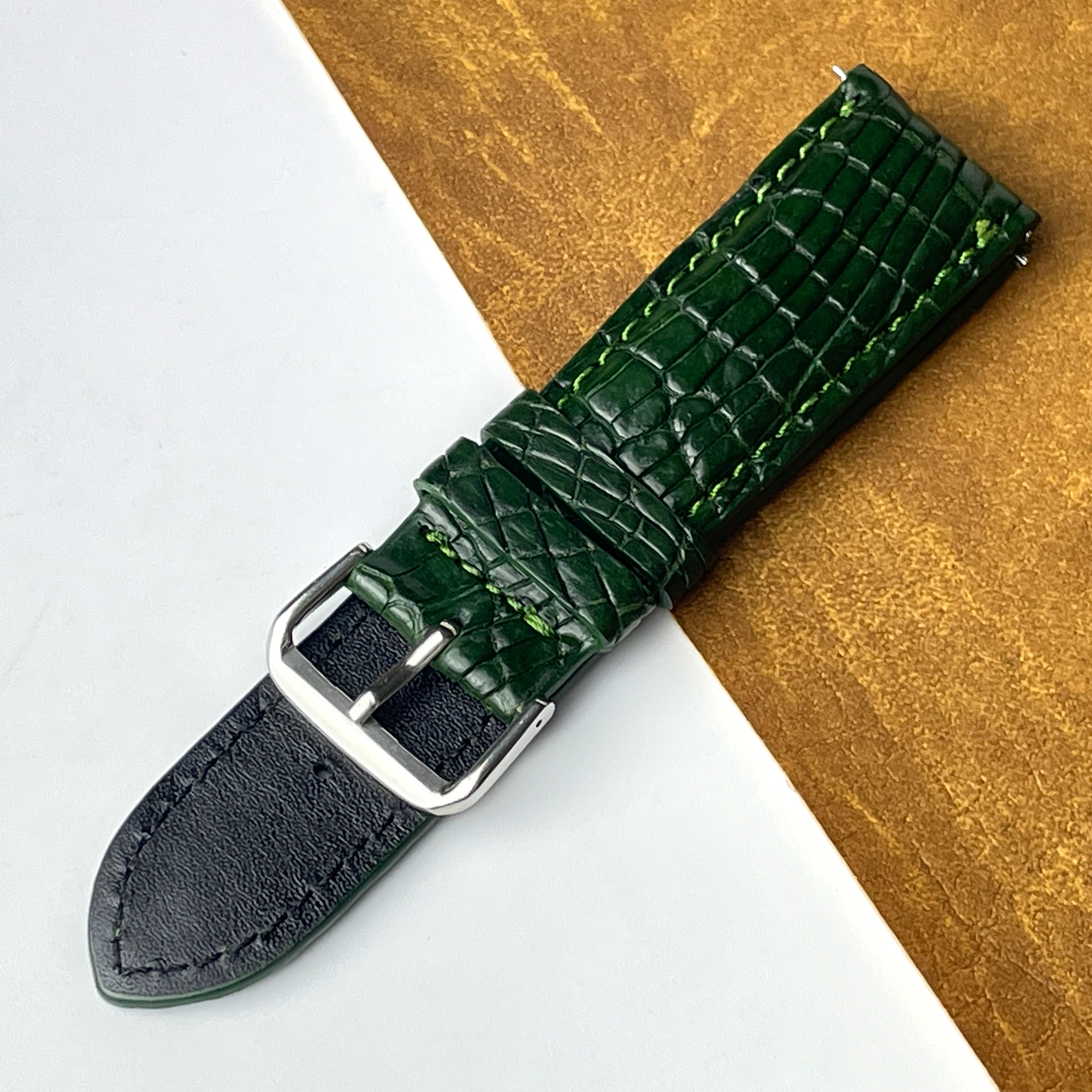 24mm Dark Green Unique Pattern Alligator Leather Watch Strap For Men DH-460CKV
