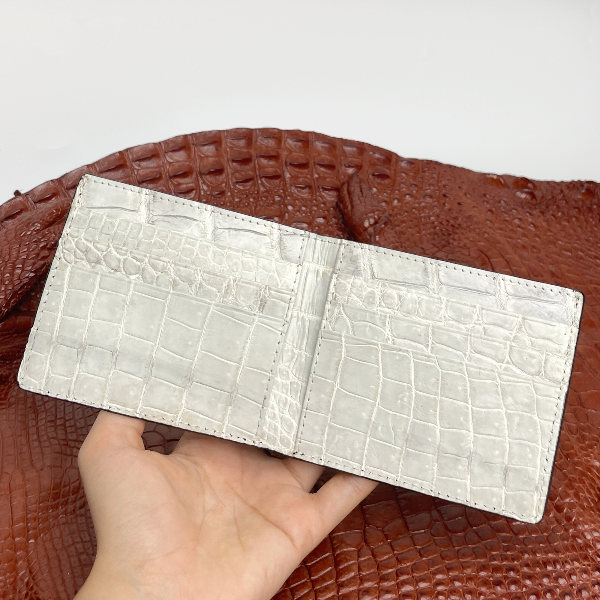 Black White Double Side Alligator Slim Bifold Wallet For Men | Handmade Crocodile Belly Leather Wallet RFID Blocking | VILE-110