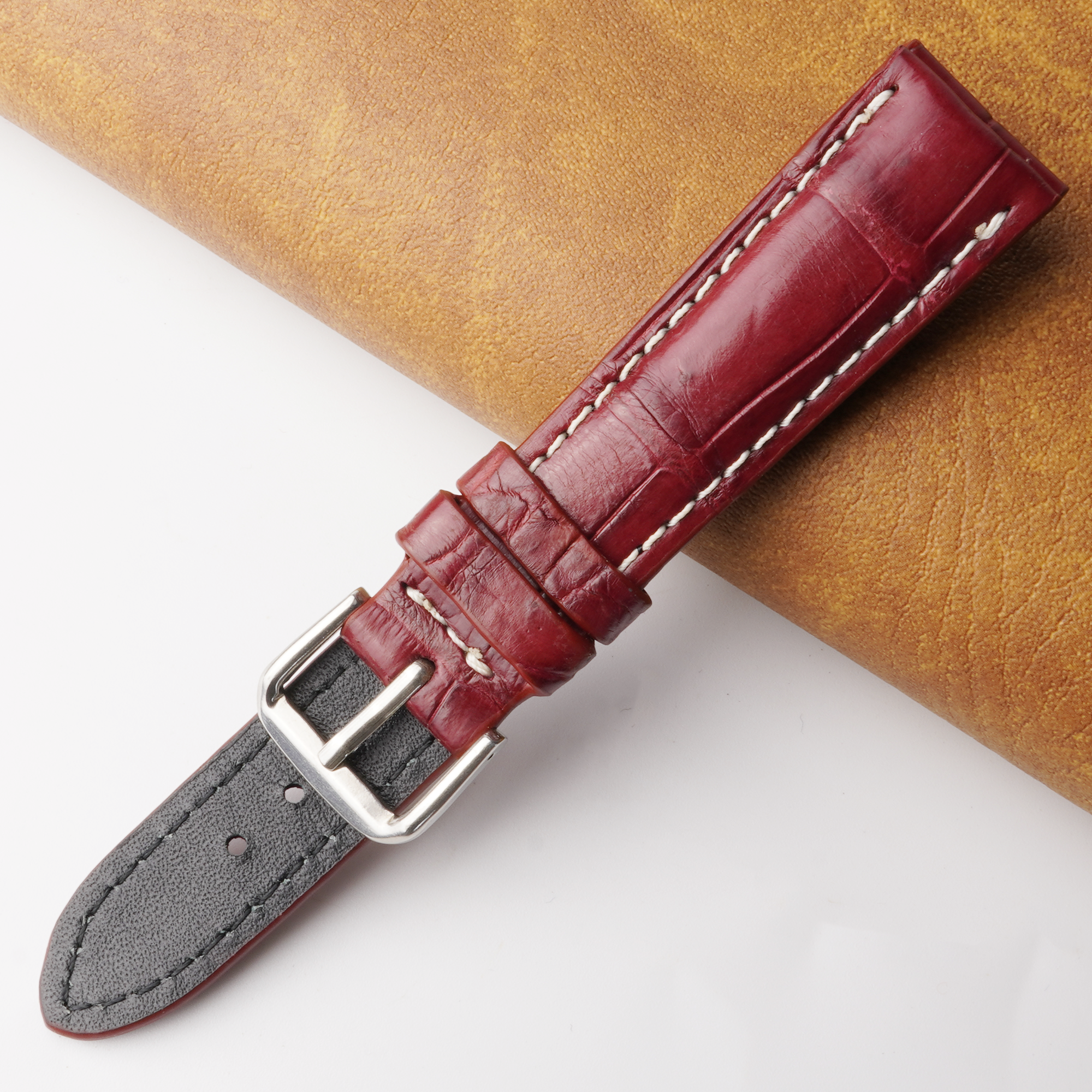 20mm Burgundy Unique Alligator Leather Watch Band For Men | DH-224C