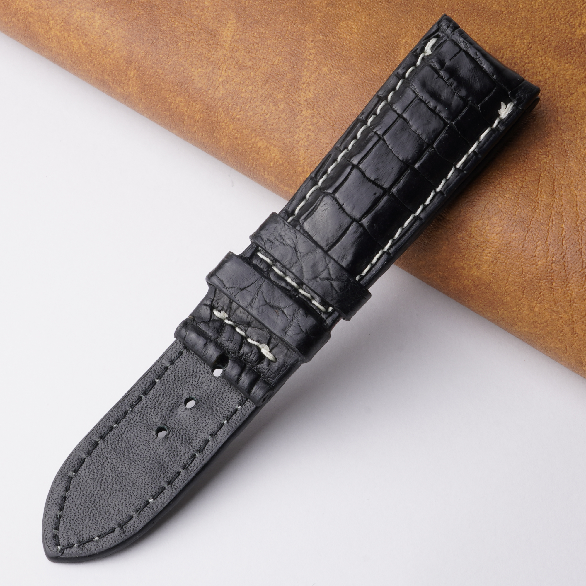 22mm Black Unique Pattern Alligator Leather Watch Band For Men DH-01B