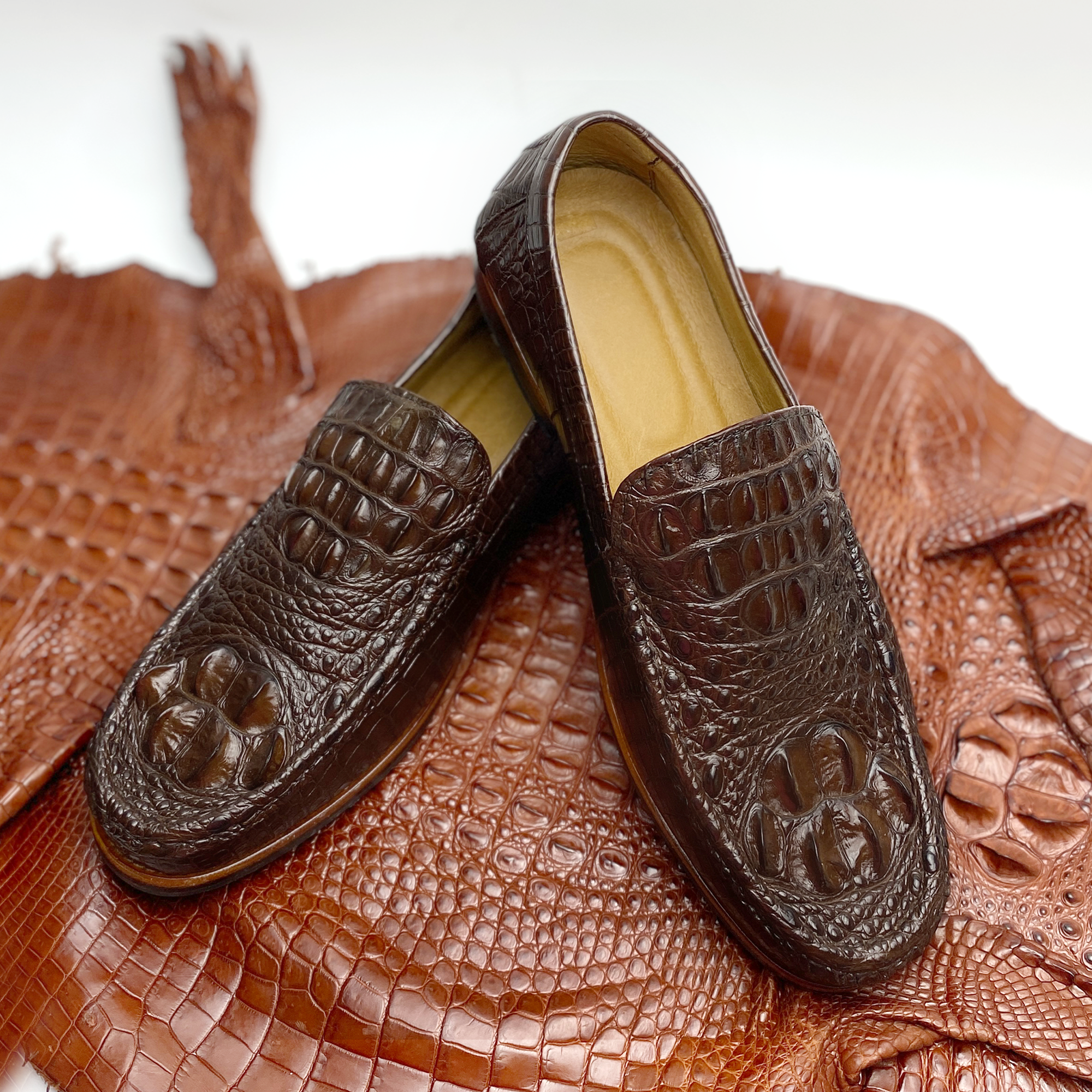 Classic Dark Brown Alligator Boat Shoes Men | Crocodile Men Moccasin Leather Shoes | SH83K42, Dark Brown / 12