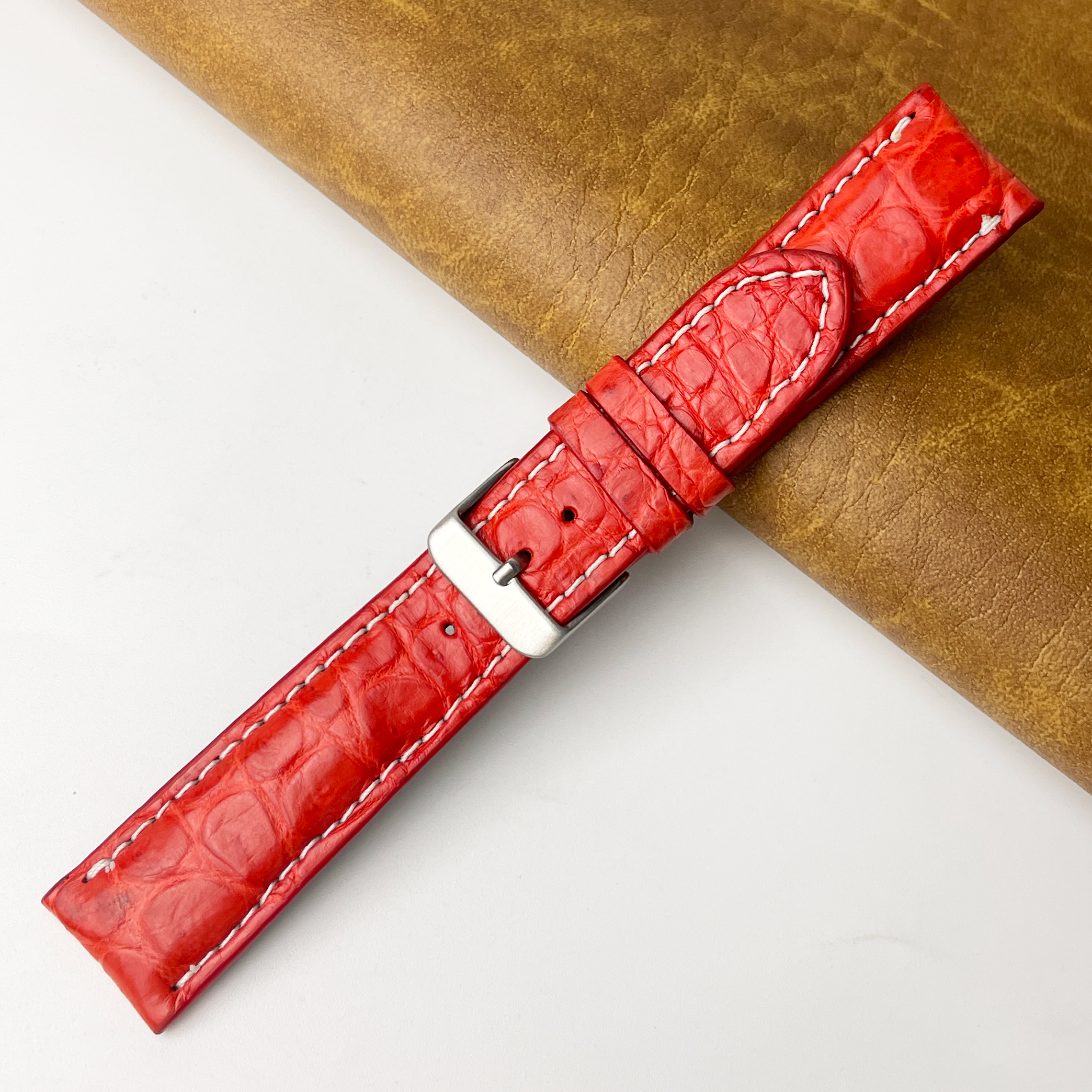 Red Orange White Stitching Alligator Leather Watch Band For Men