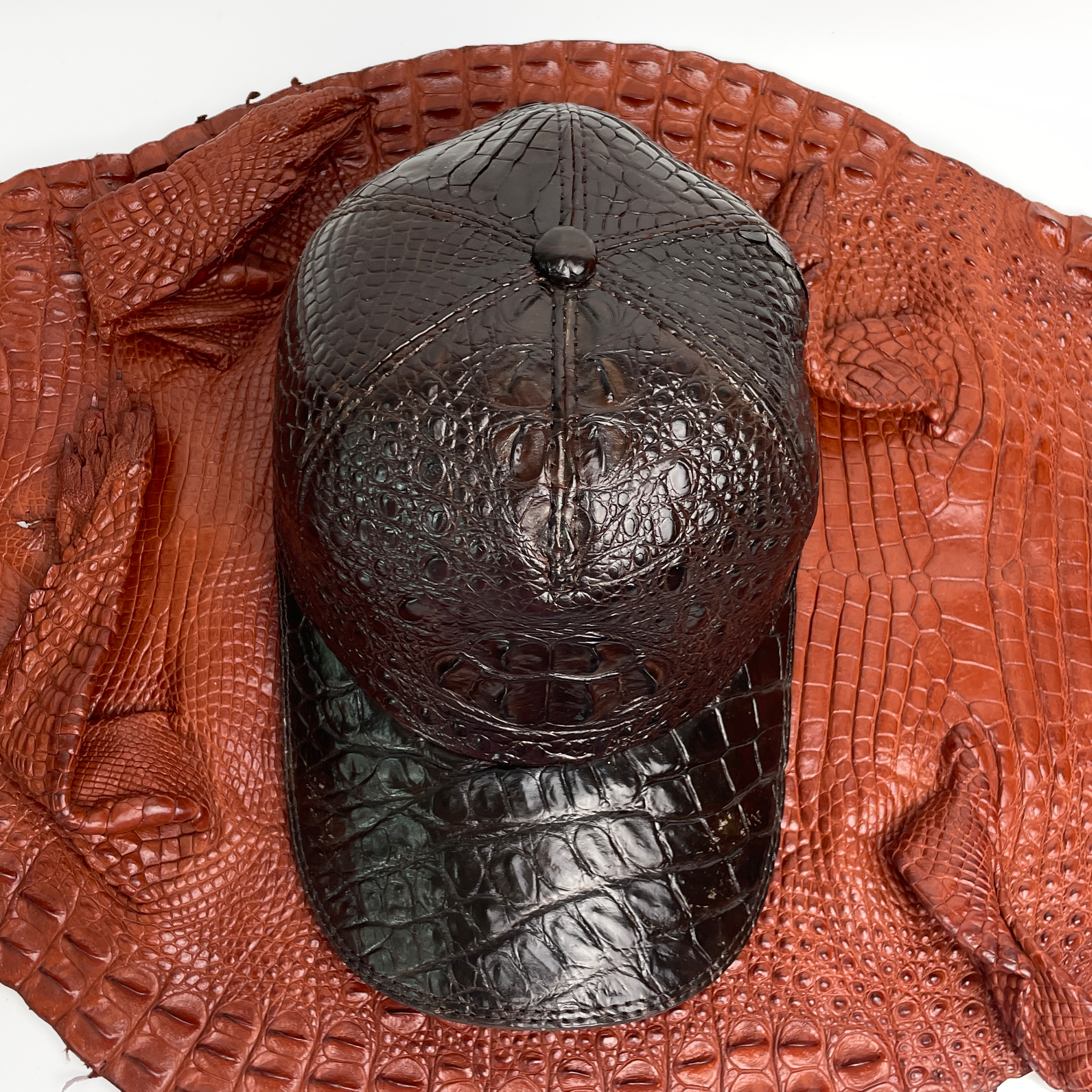 Dark Brown Alligator Leather Outdoor Cap - Adjustable Men Crocodile Skin Hat Baseball With Strapback | HAT-BRO-44