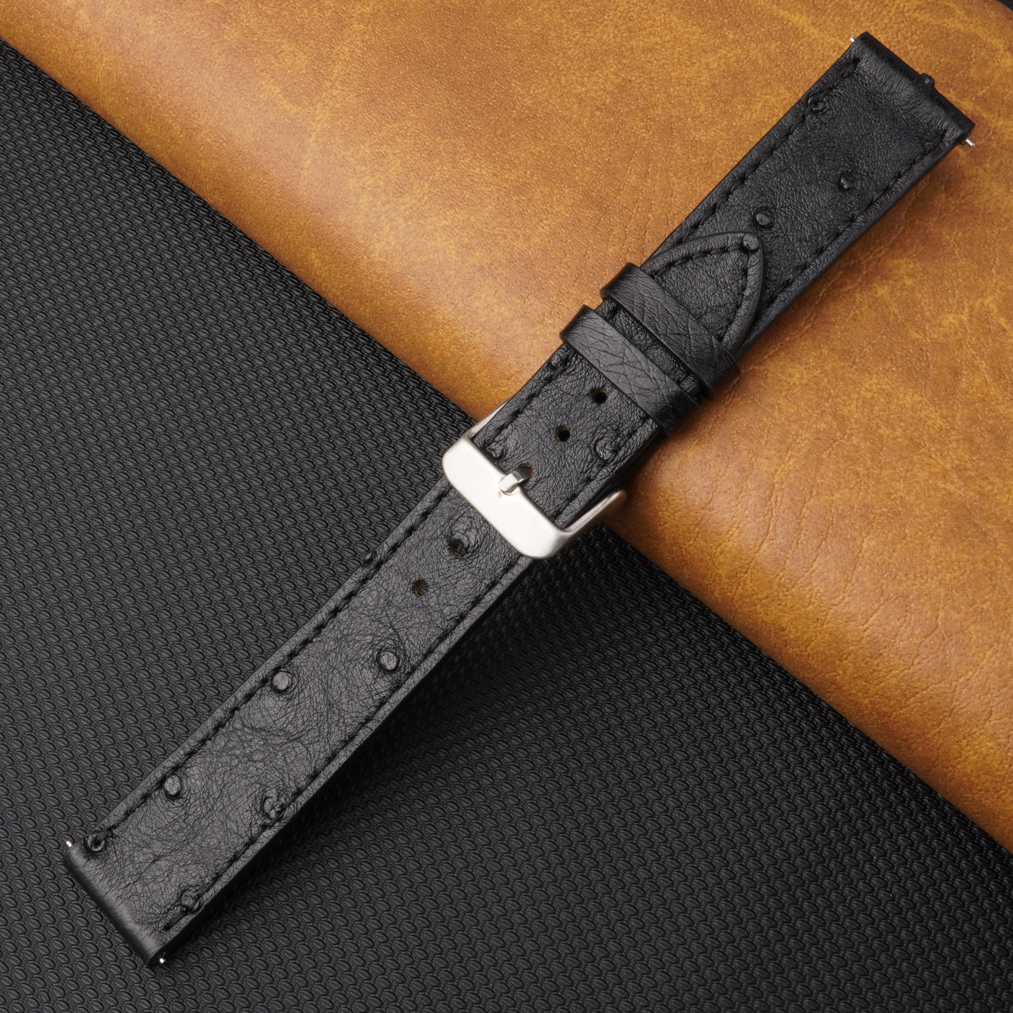 Slim Black Ostrich Leather Watch Band