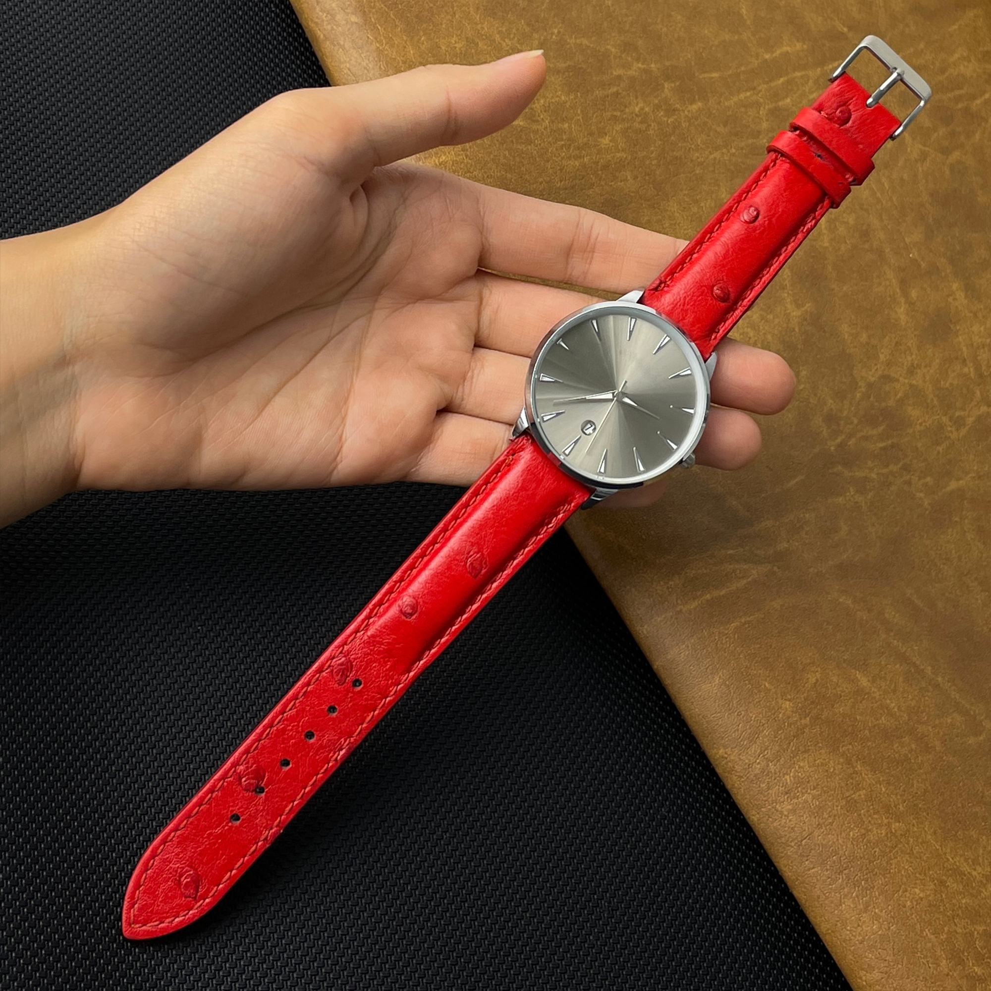 Red Genuine Ostrich Watch Strap Quick Release DH-190