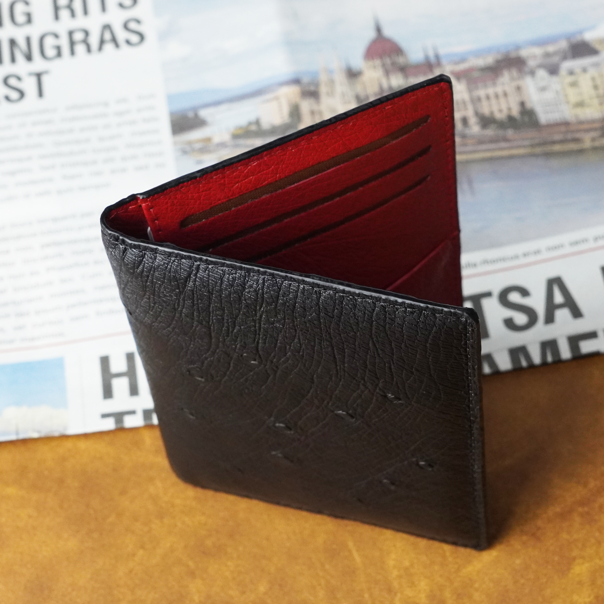 Black Red Double Side Ostrich Leather Credit Card Holder | RFID Blocking | CARDOS-17
