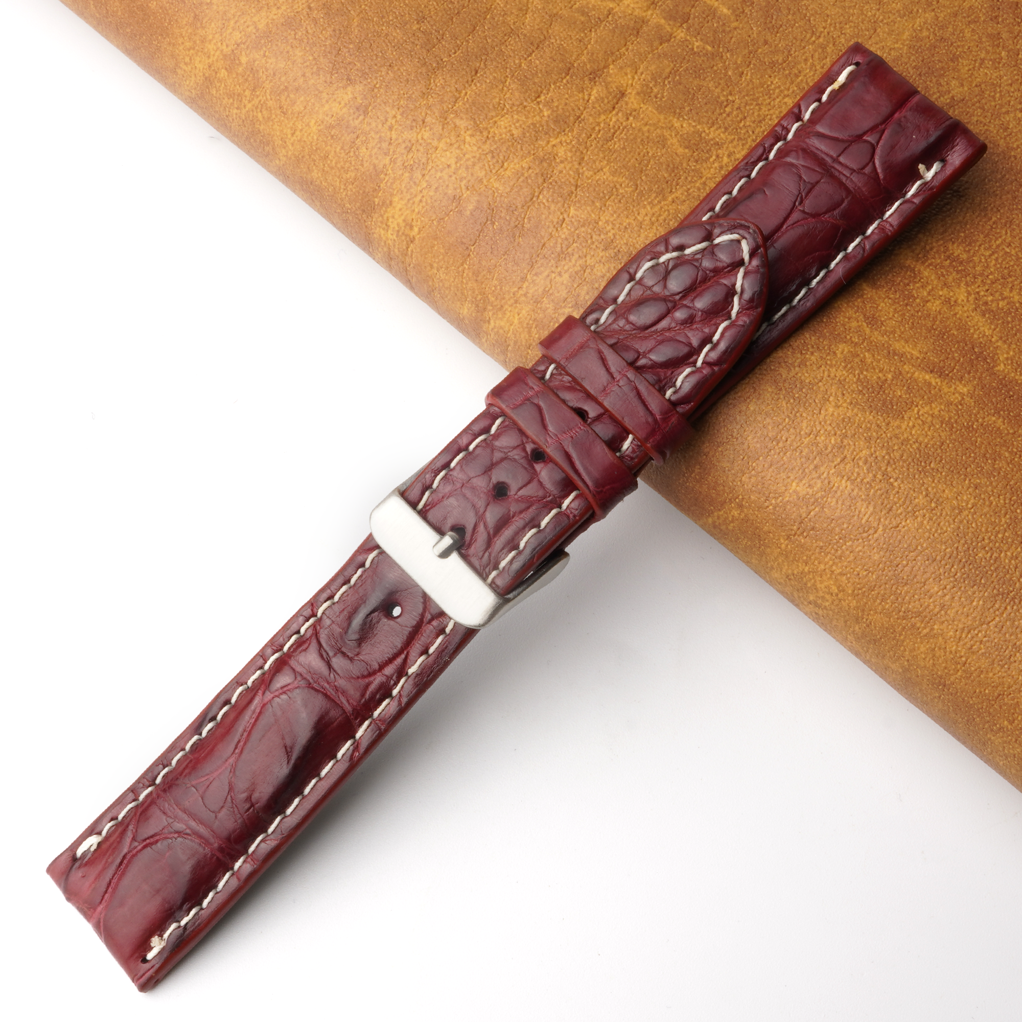 21mm Burgundy Unique Pattern Alligator Leather Watch Band For Men DH-224M