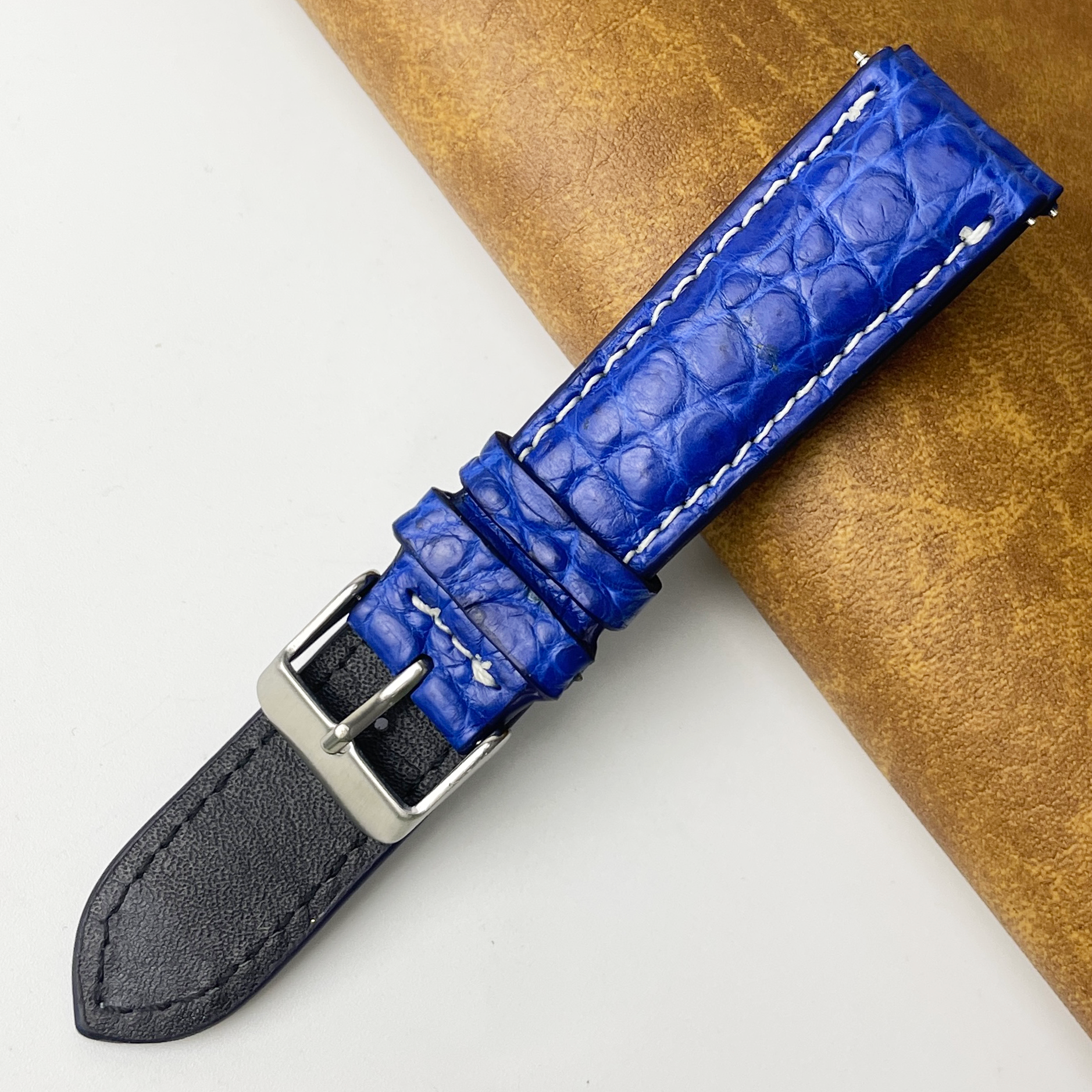 Blue Unique White Stitching Pattern Alligator Leather Watch Band For Men