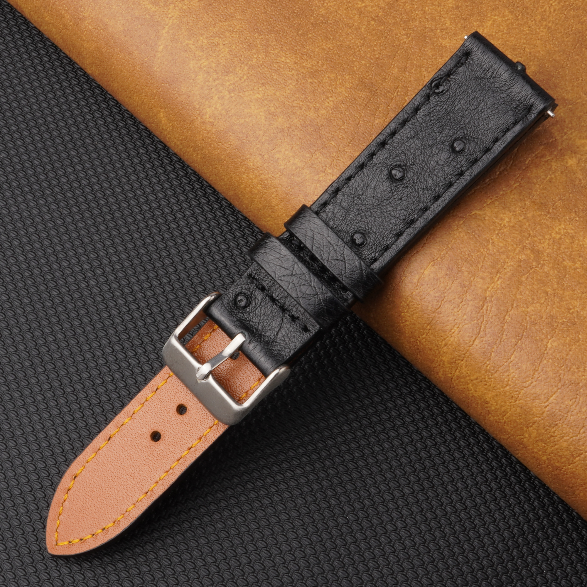 Slim Black Ostrich Leather Watch Band