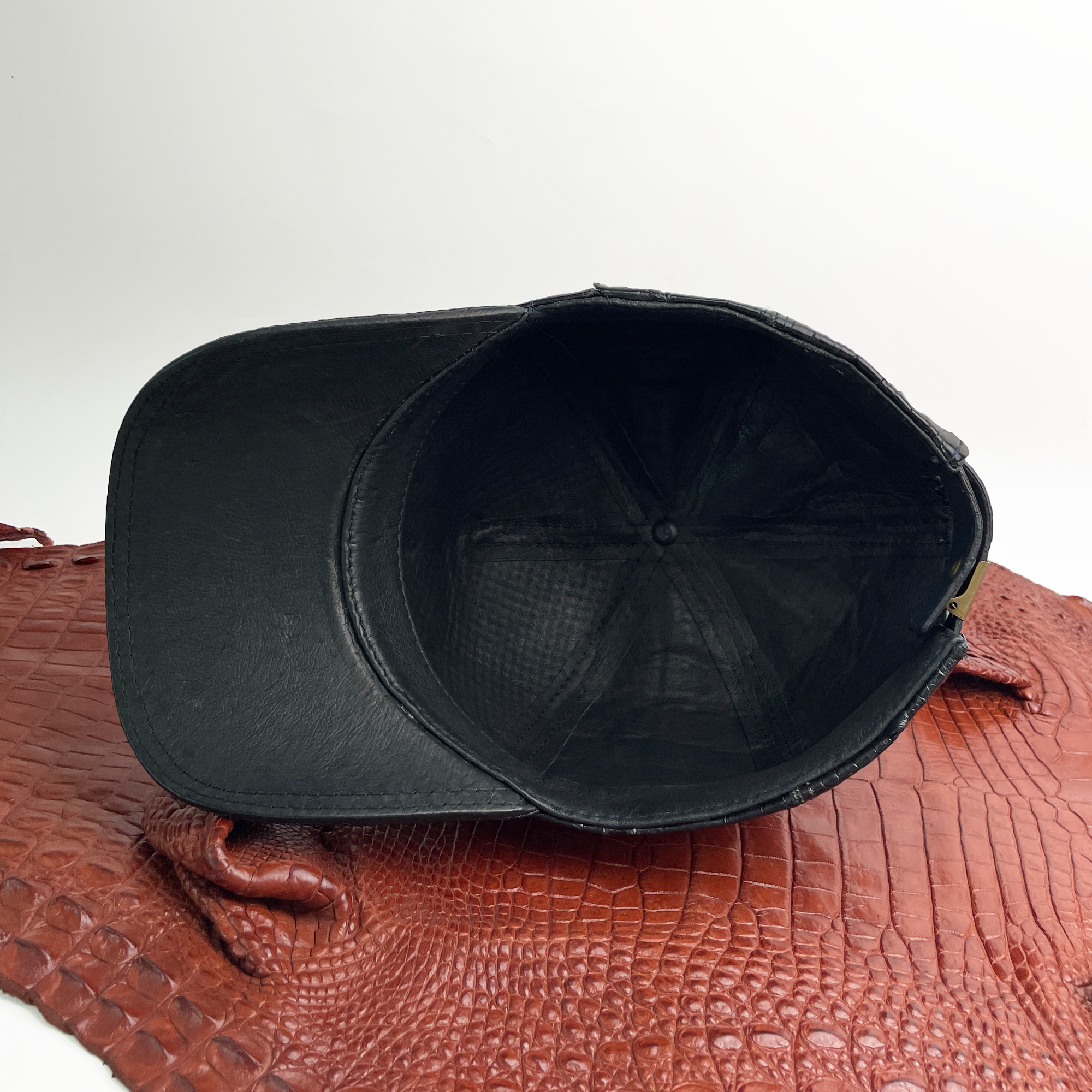Mens Black Alligator Leather Cap - Fashionable Exotic Adjustable Outdoor Baseball Cap | HAT-BLA-11