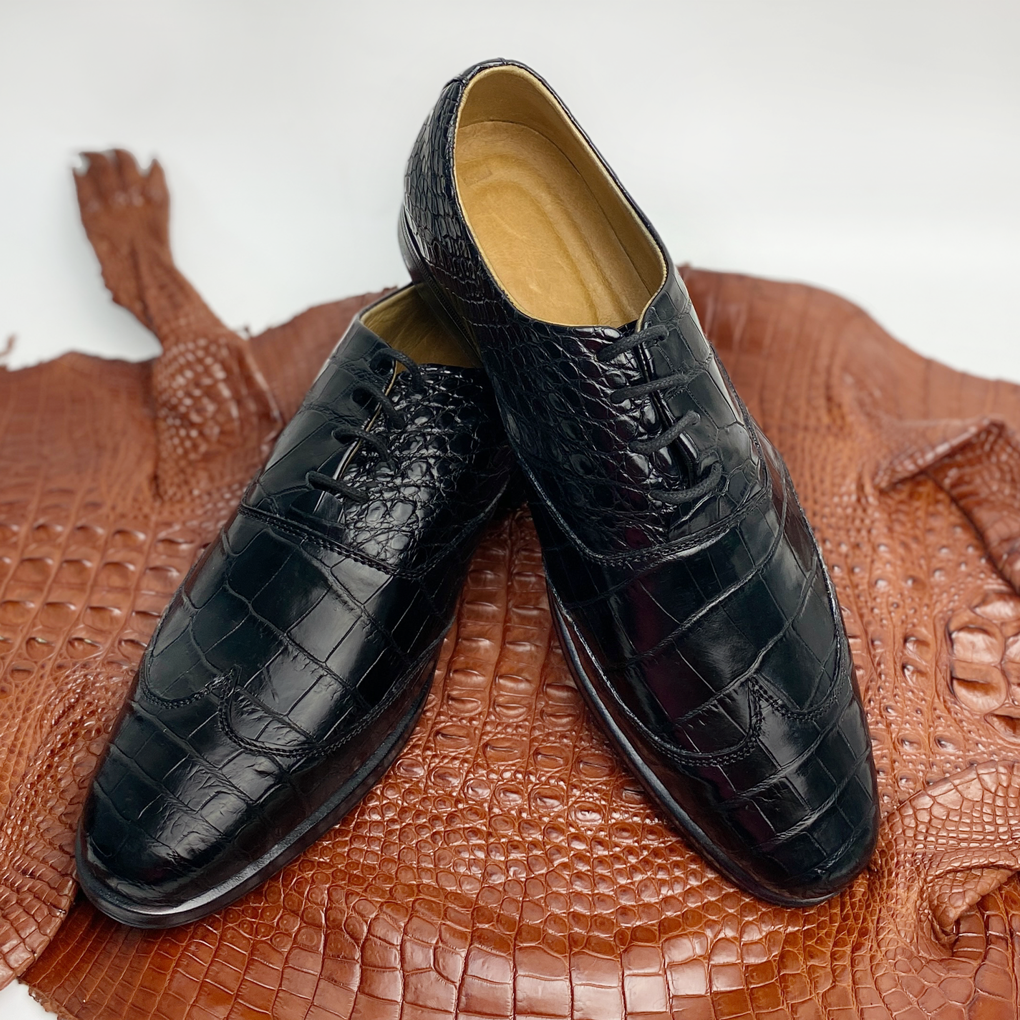 Handmade Mens Black Alligator Shoes, Men Crocodile Embossed Dress Shoes