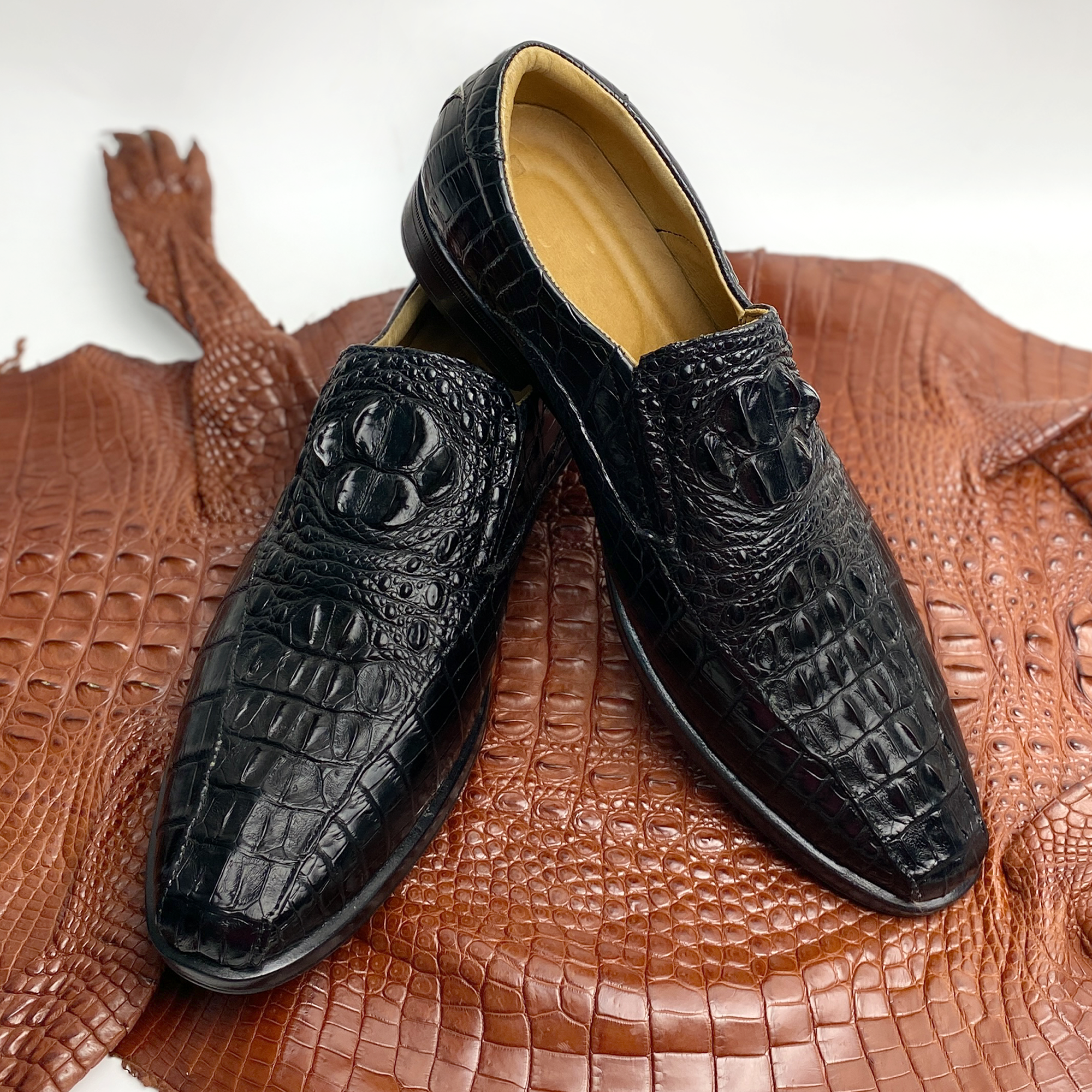 Black Mens Alligator Leather Slip-On Loafer Shoes For Men | Crocodile Hornback Leather Loffer | SH51F