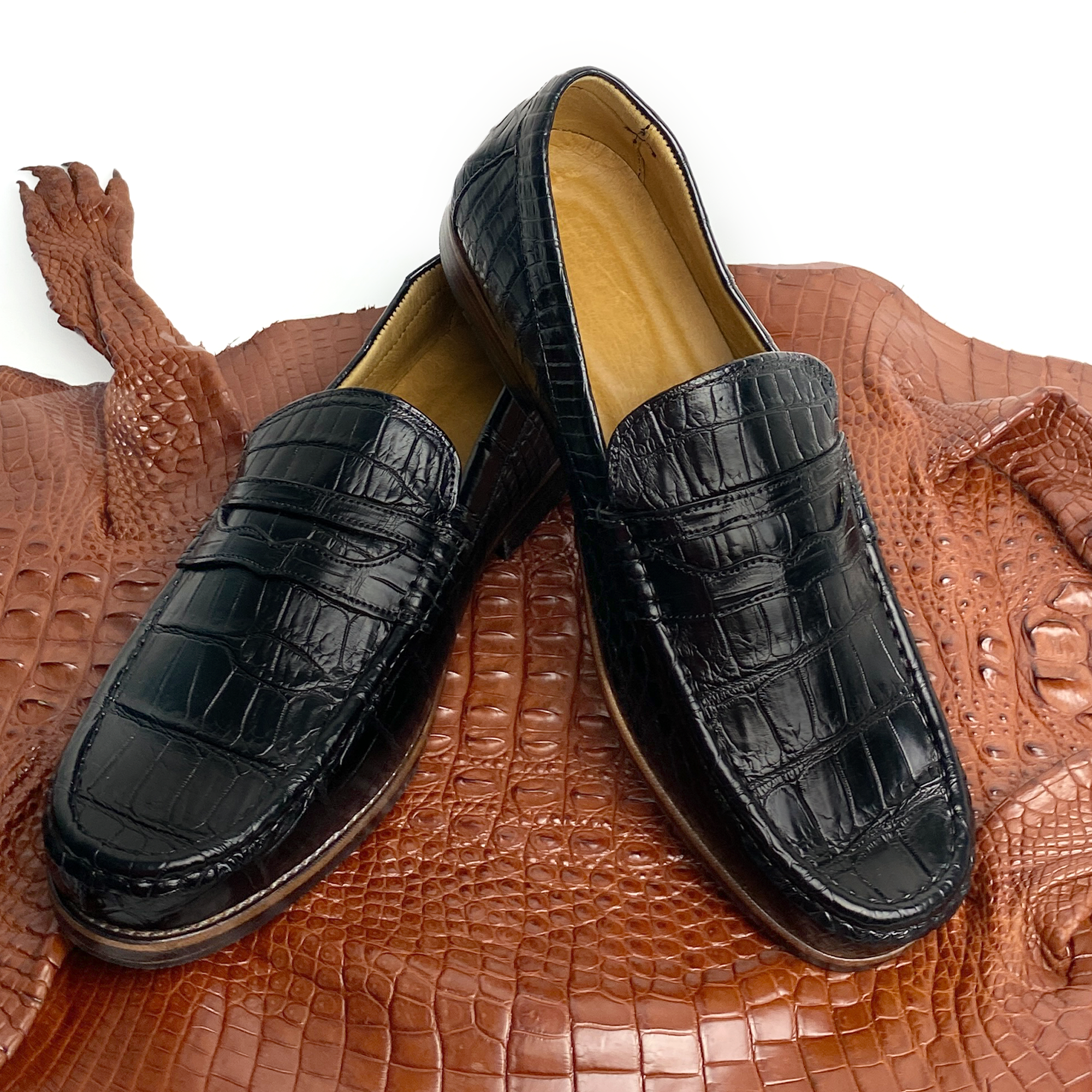 Black Alligator Leather Mens Penny Loafers | Crocodile Belly Skin Casual Loafer | SH41E42