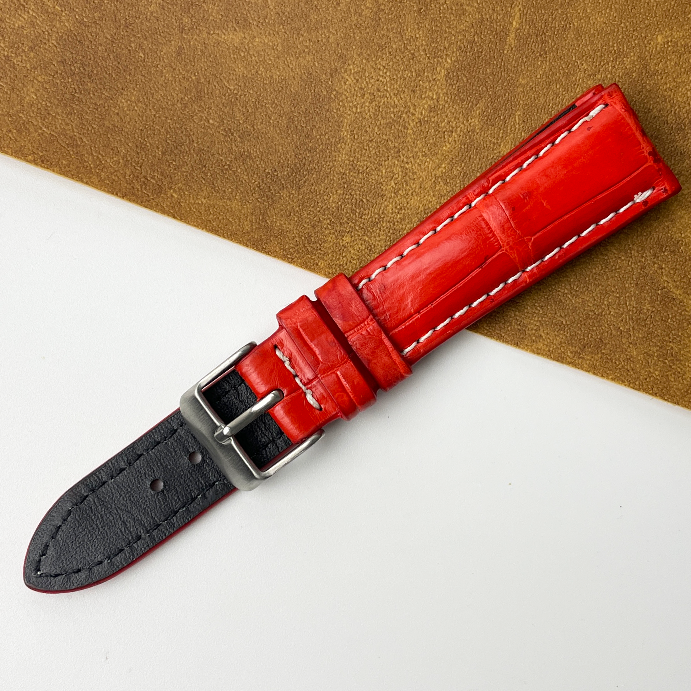 Bright Red Alligator Leather White Stitching Watch Strap For Men