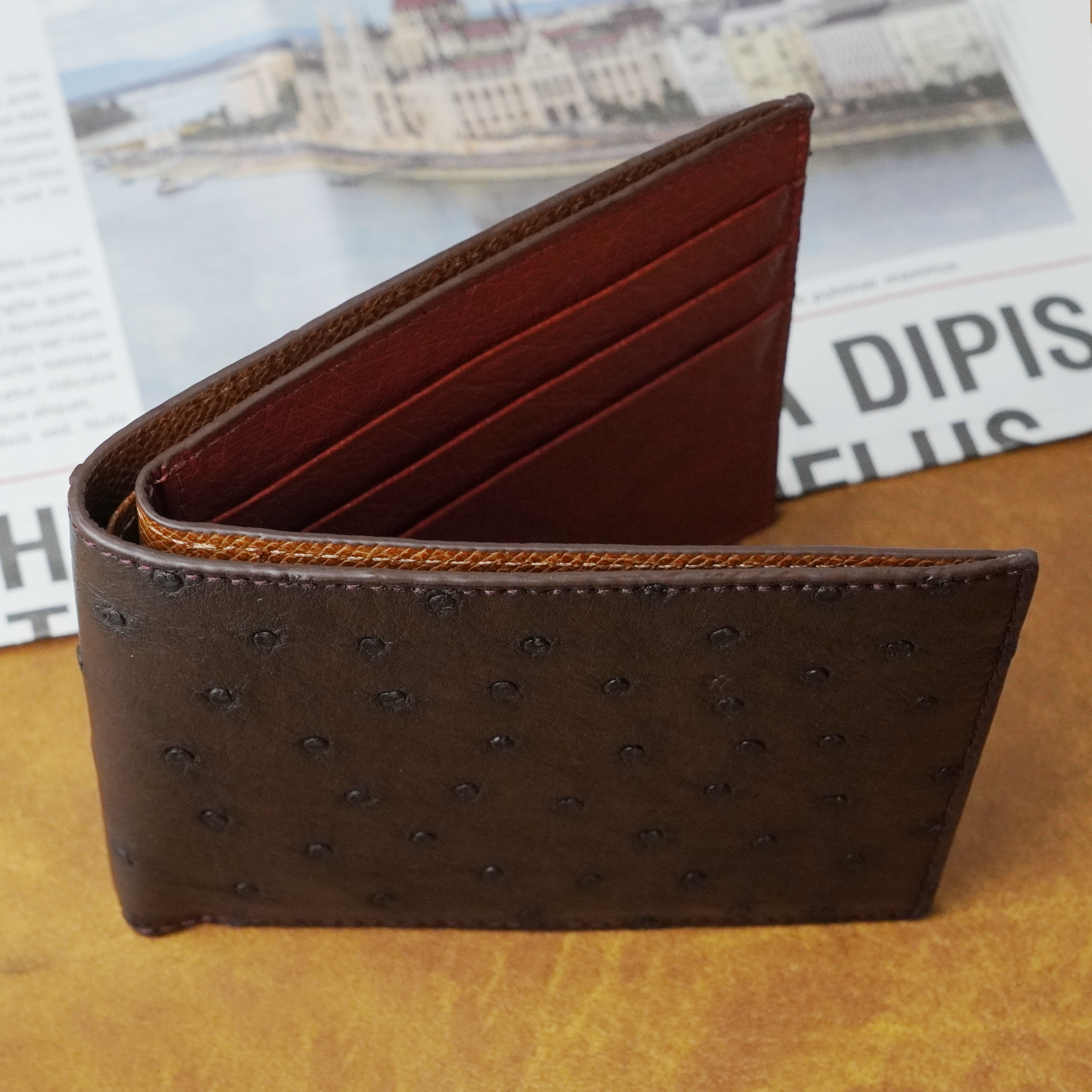 Black Brown Double Side Ostrich Leather Bifold Handmade Wallet RFID Blocking | VINAMOS-36