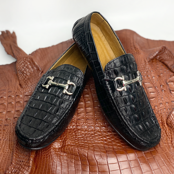 Black Mens Alligator Leather Slip-On Loafer Shoes for Men | Crocodile Hornback Leather Loffer | SH51F, Black / 14