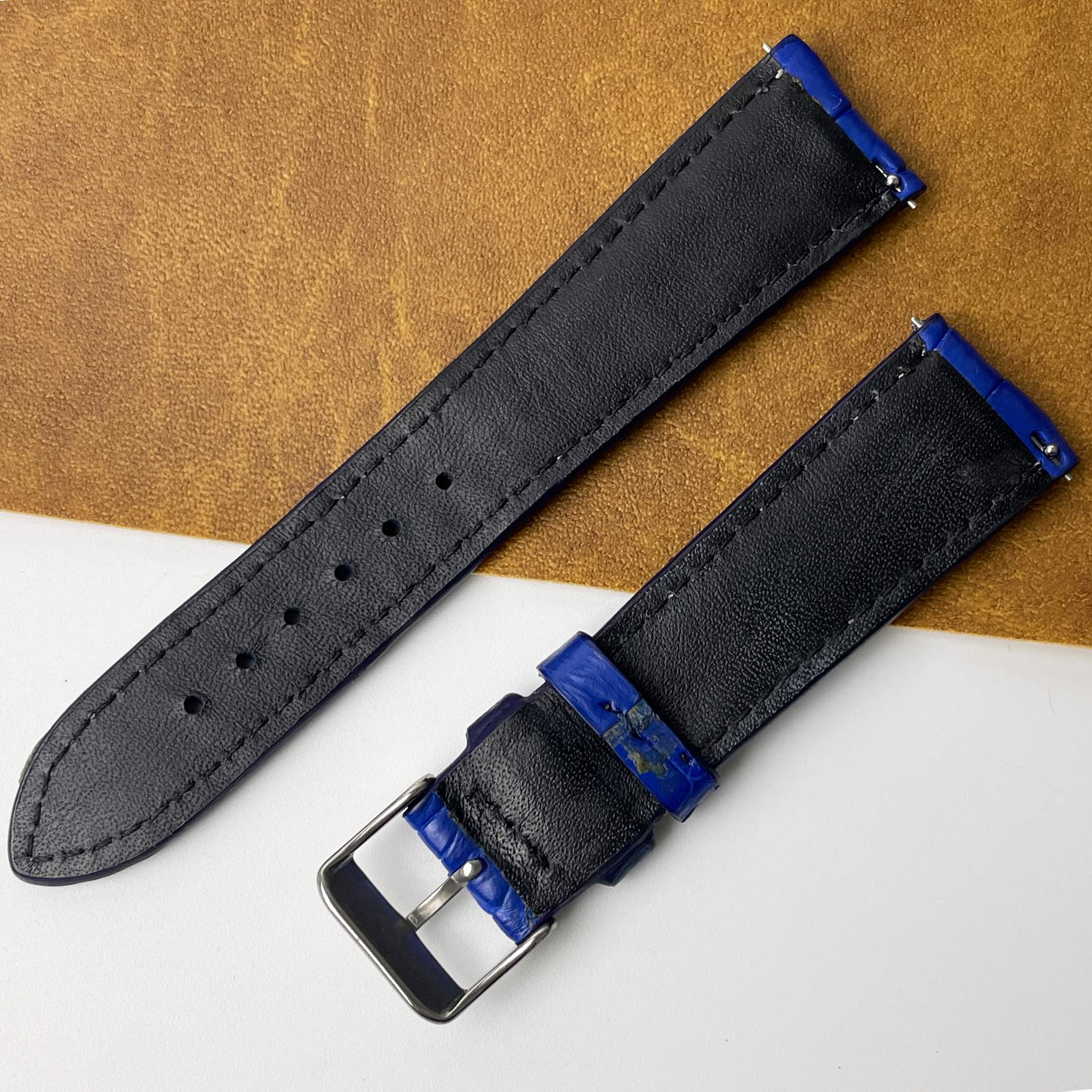 Unique White Hand-stitching Blue Alligator Leather Watch Band For Men