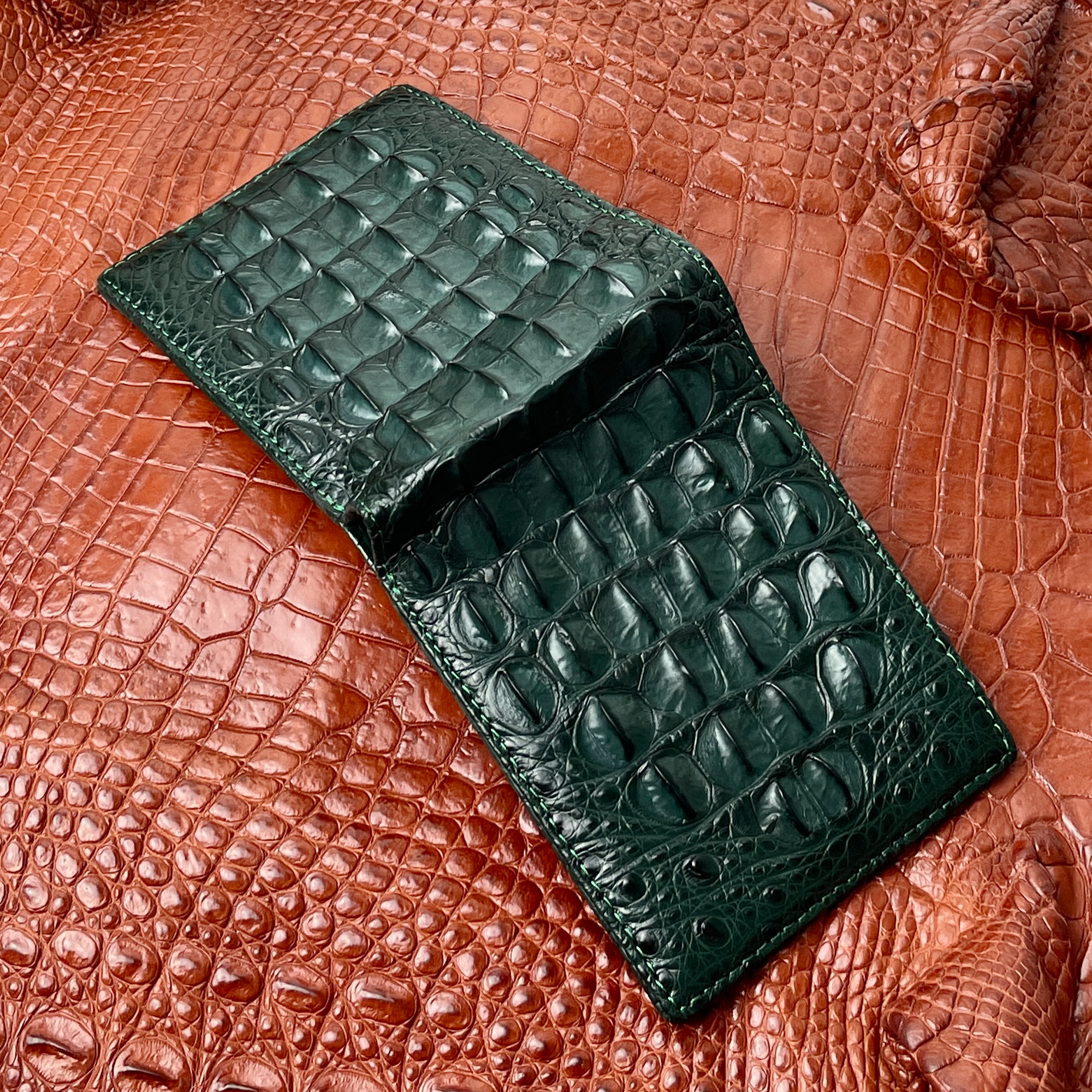 Green Double Side Alligator Hornback Leather Bifold Wallet For Men