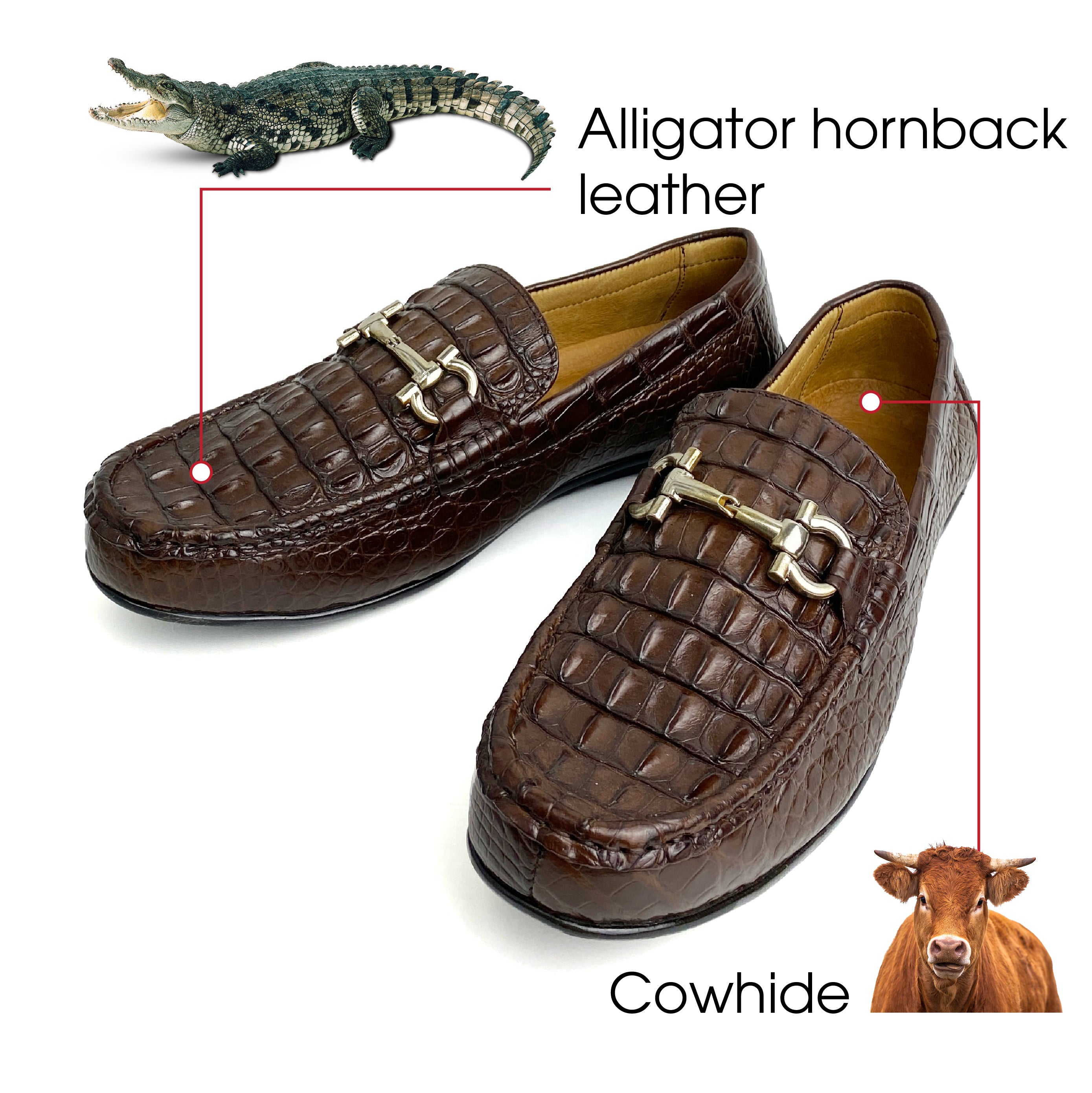 Dark Brown Mens Alligator Hornback Leather Loafers With Buckle | Crocodile Leather Slip On For Men | SH33D42