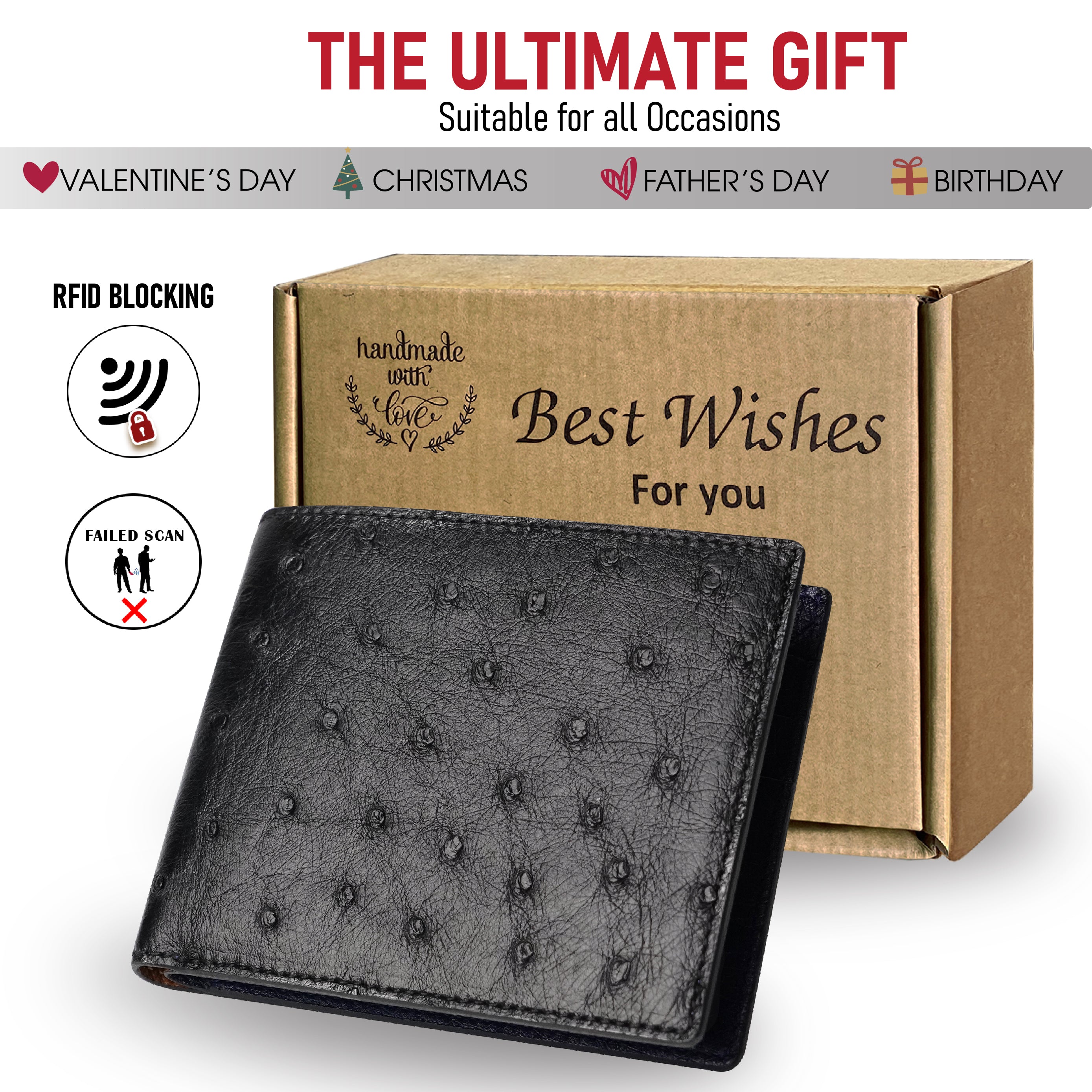 Black Blue Handmade Double Side Ostrich Leather Bifold Wallet for Men | VINAMOS-14