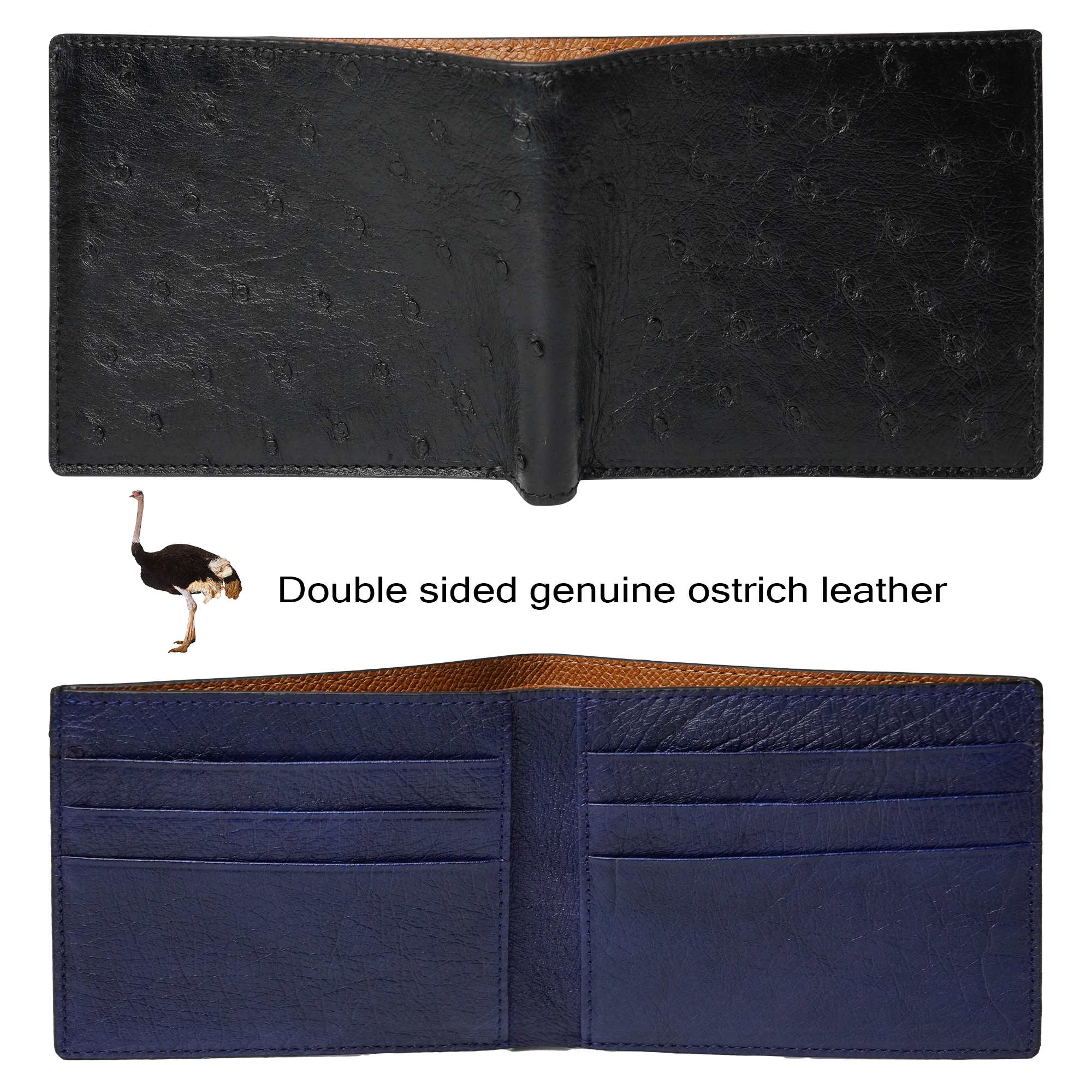 Black Blue Handmade Double Side Ostrich Leather Bifold Wallet for Men | VINAMOS-14