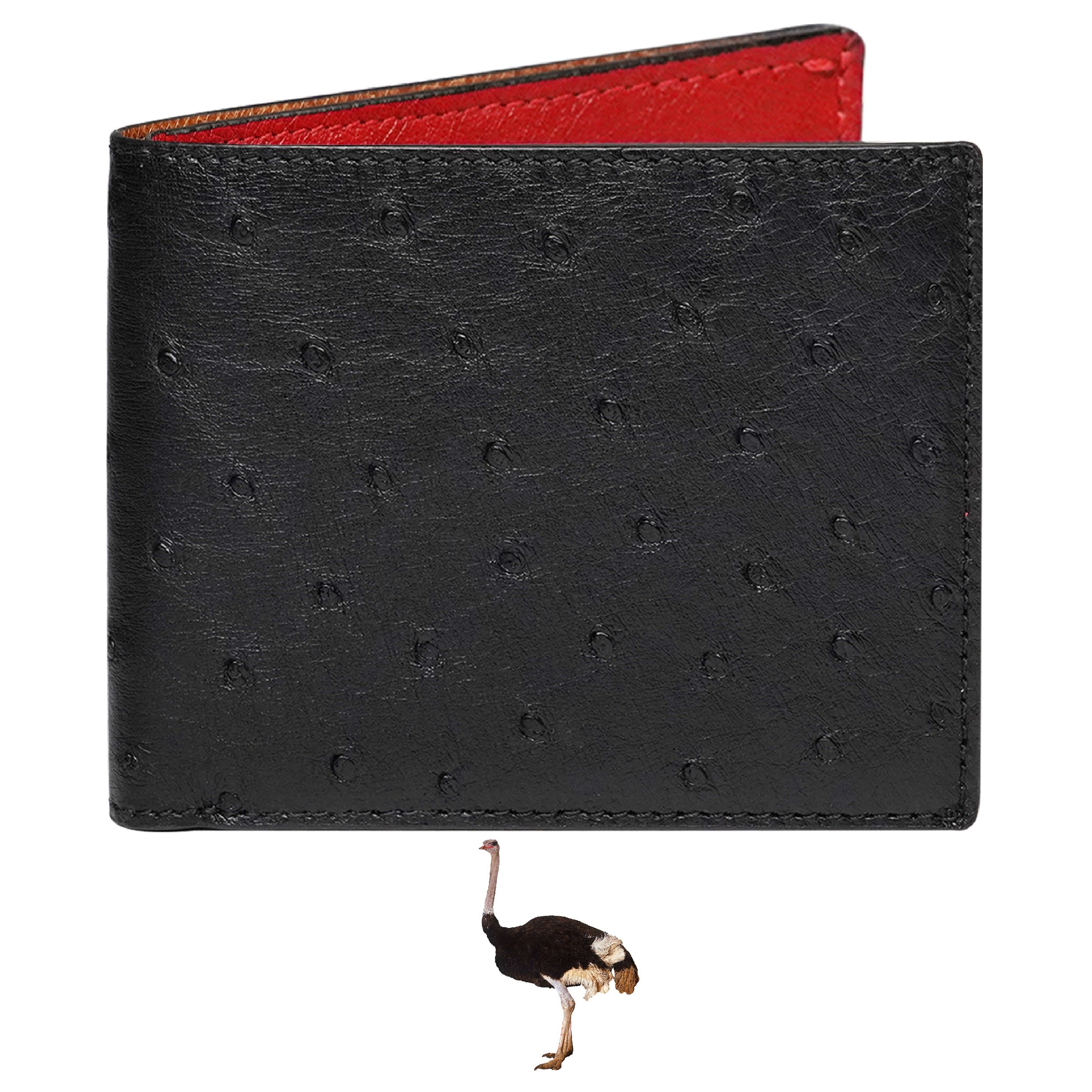 Black Red Double Side Ostrich Leather Bifold Handmade Wallet RFID Blocking | VINAMOS-17