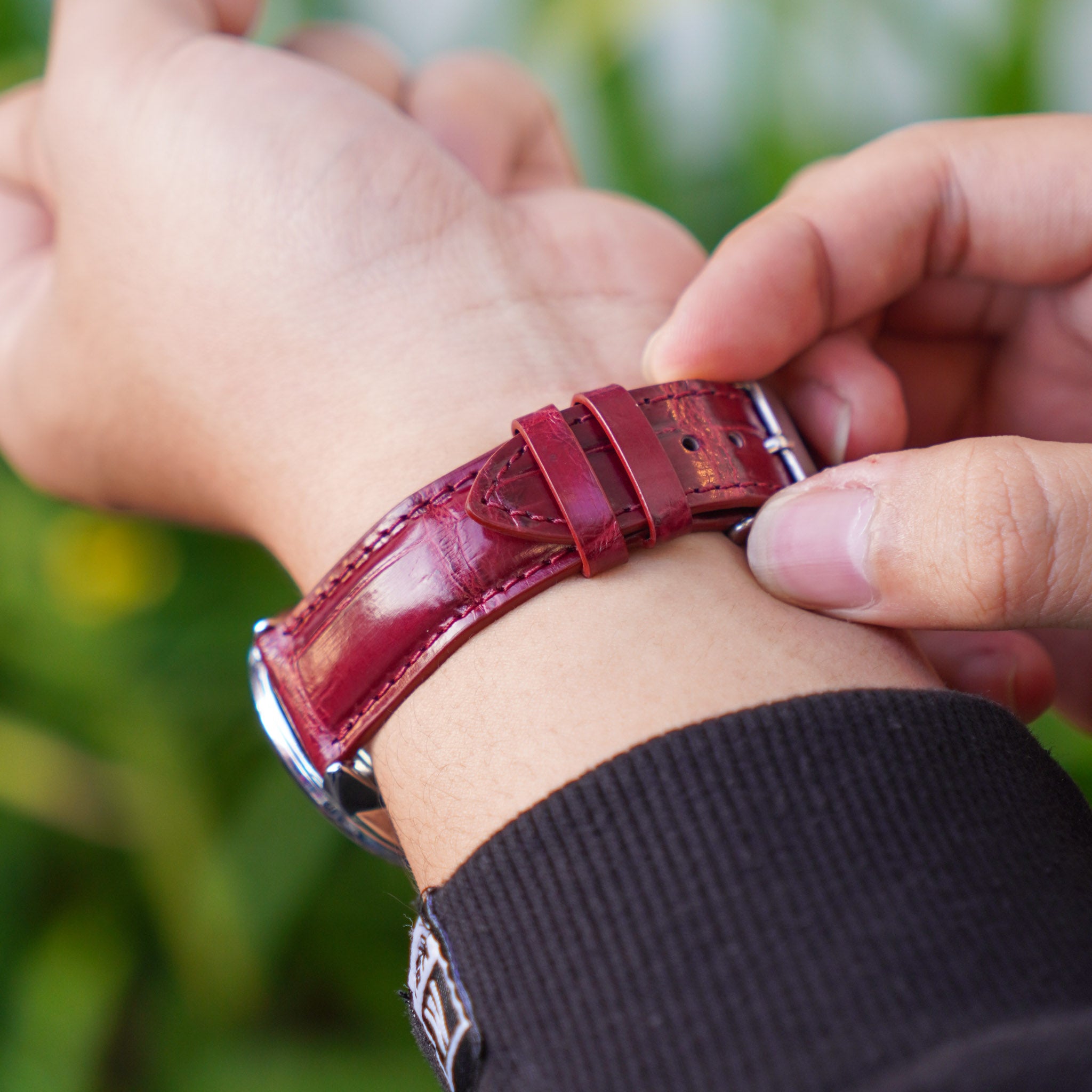 Burgundy Alligator Leather Watch Band For Men