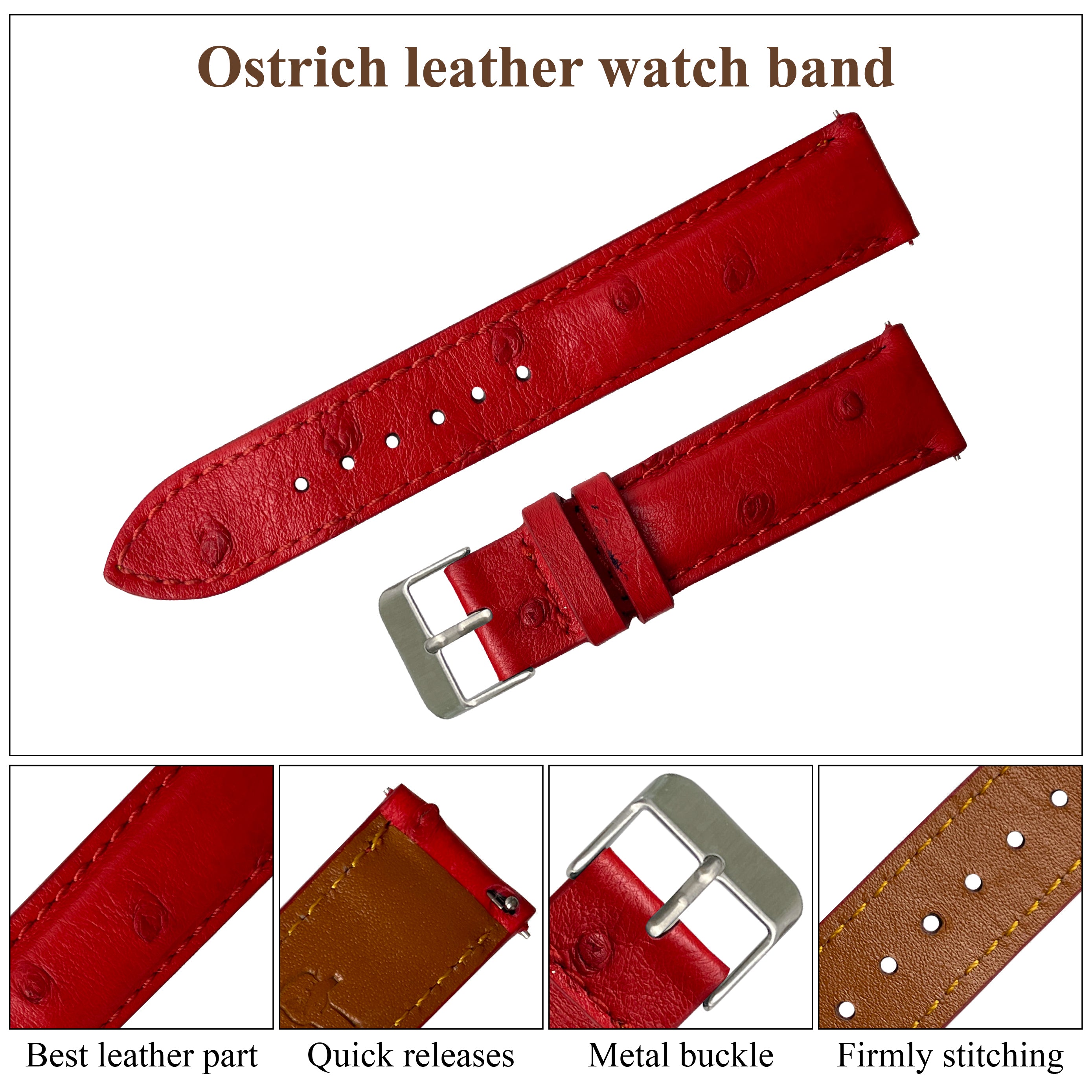 Red Genuine Ostrich Watch Strap Quick Release DH-190