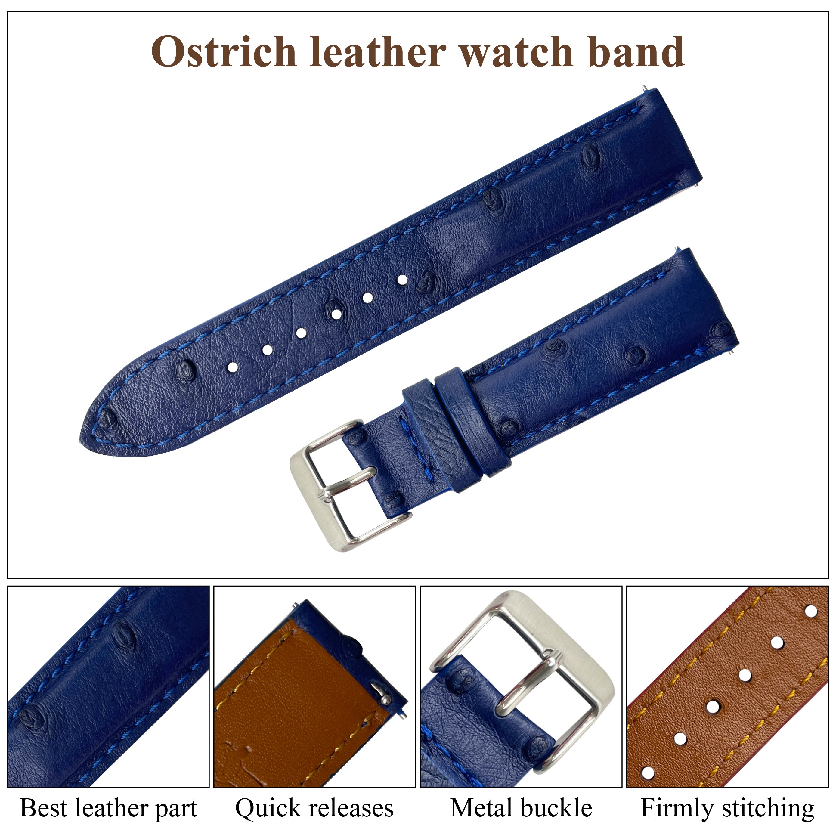Blue Genuine Ostrich Watch Strap Quick Release DH-184