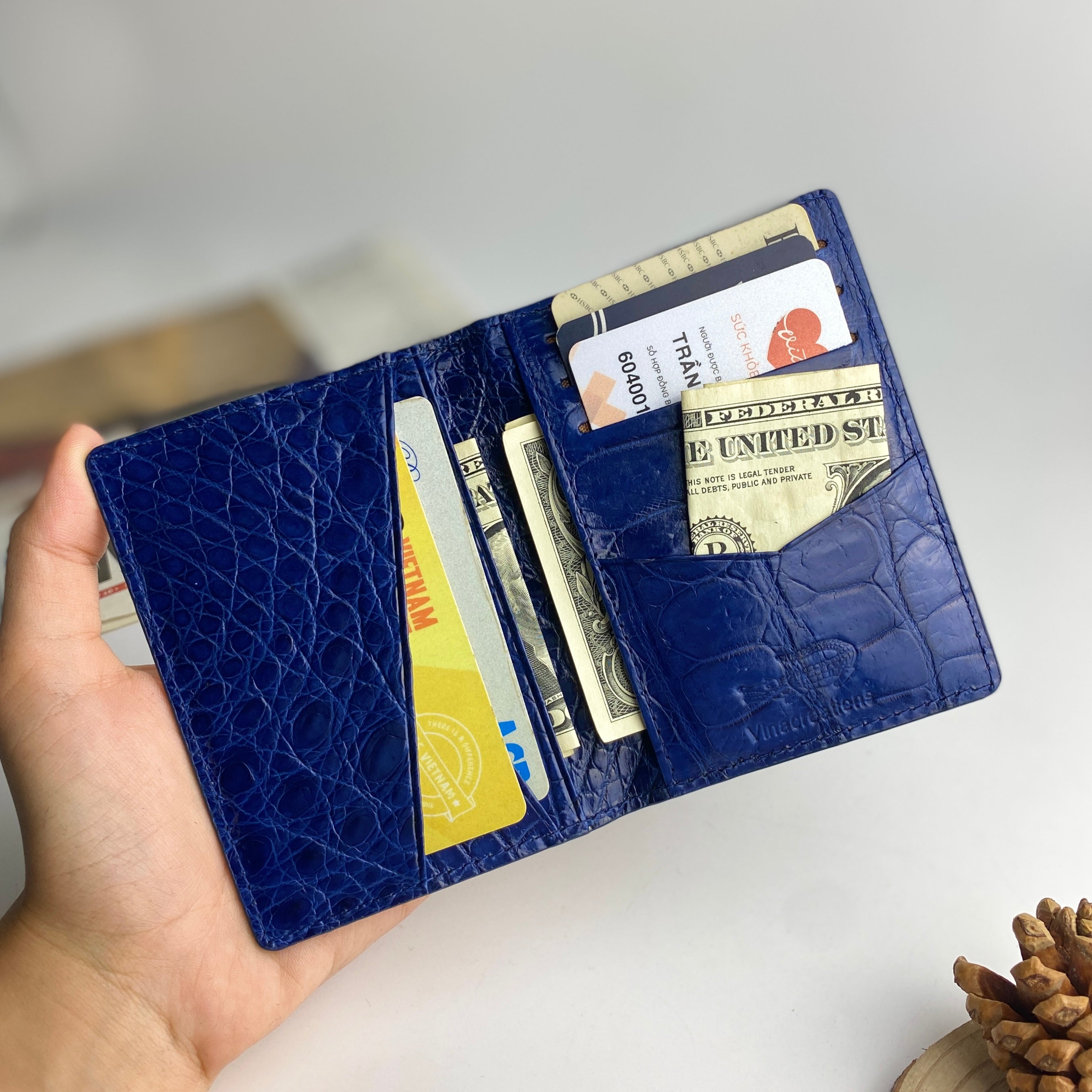 Navy Blue Alligator Leather Bifold Credit Card Holder Double Side Crocodile Skin with RFID Blocking | VINAM-86