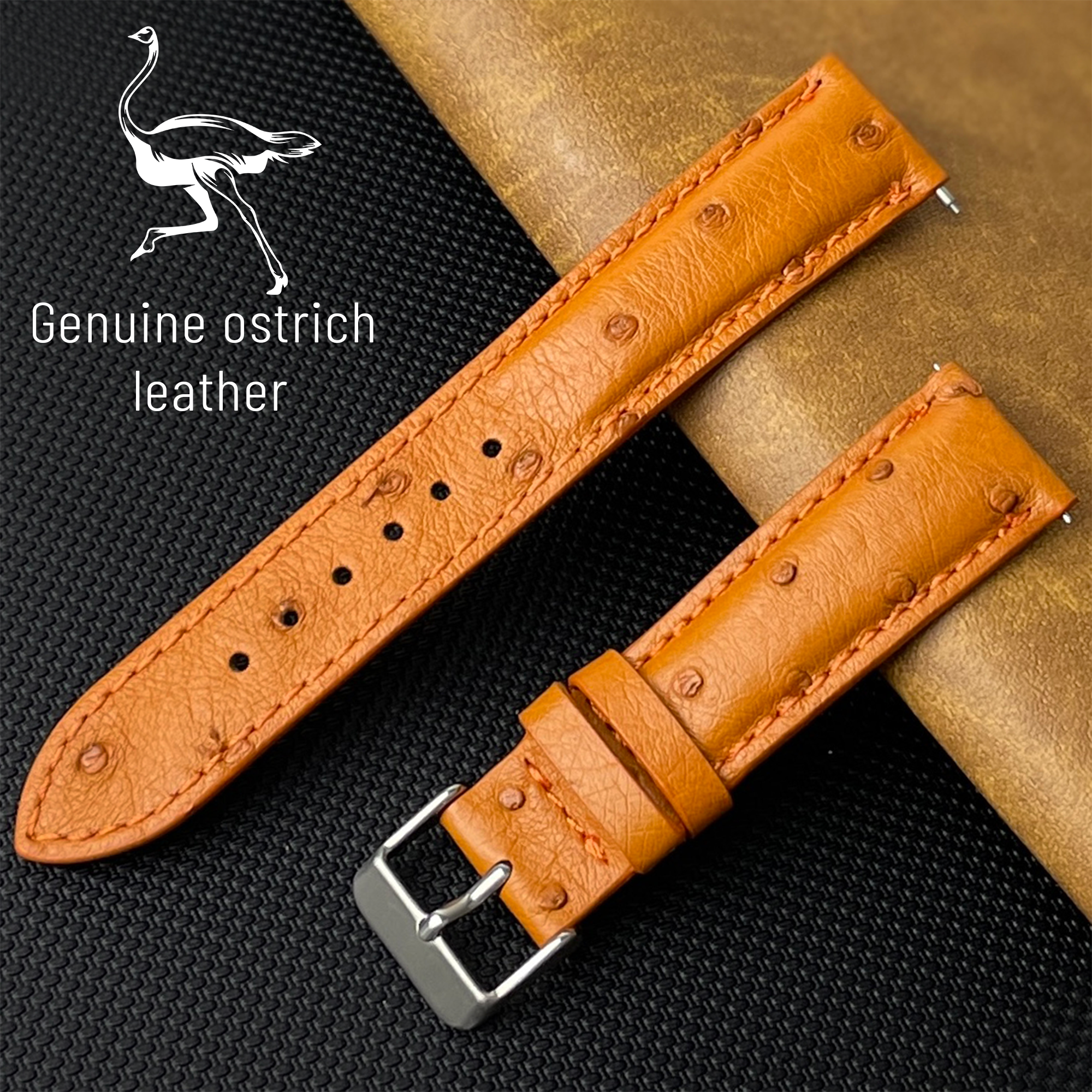 HATACreations Custom Green Ostrich Leather Watch Band 18mm 19mm 20mm 21mm 22mm 24mm, Bespoke No Padding Watch Strap for Women & Men