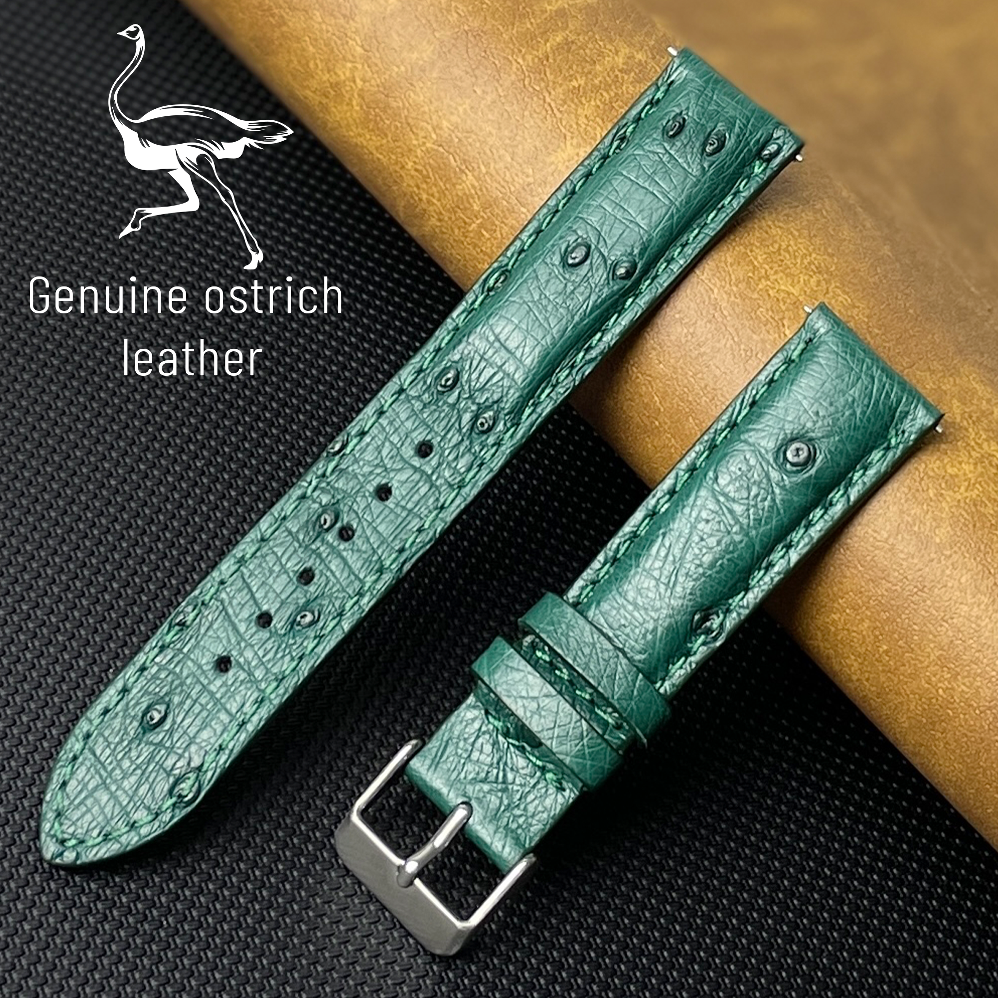 vinacreations Green Genuine Ostrich Watch Strap Quick Release, 20mm/18mm / Regular Length (125mm-75mm)