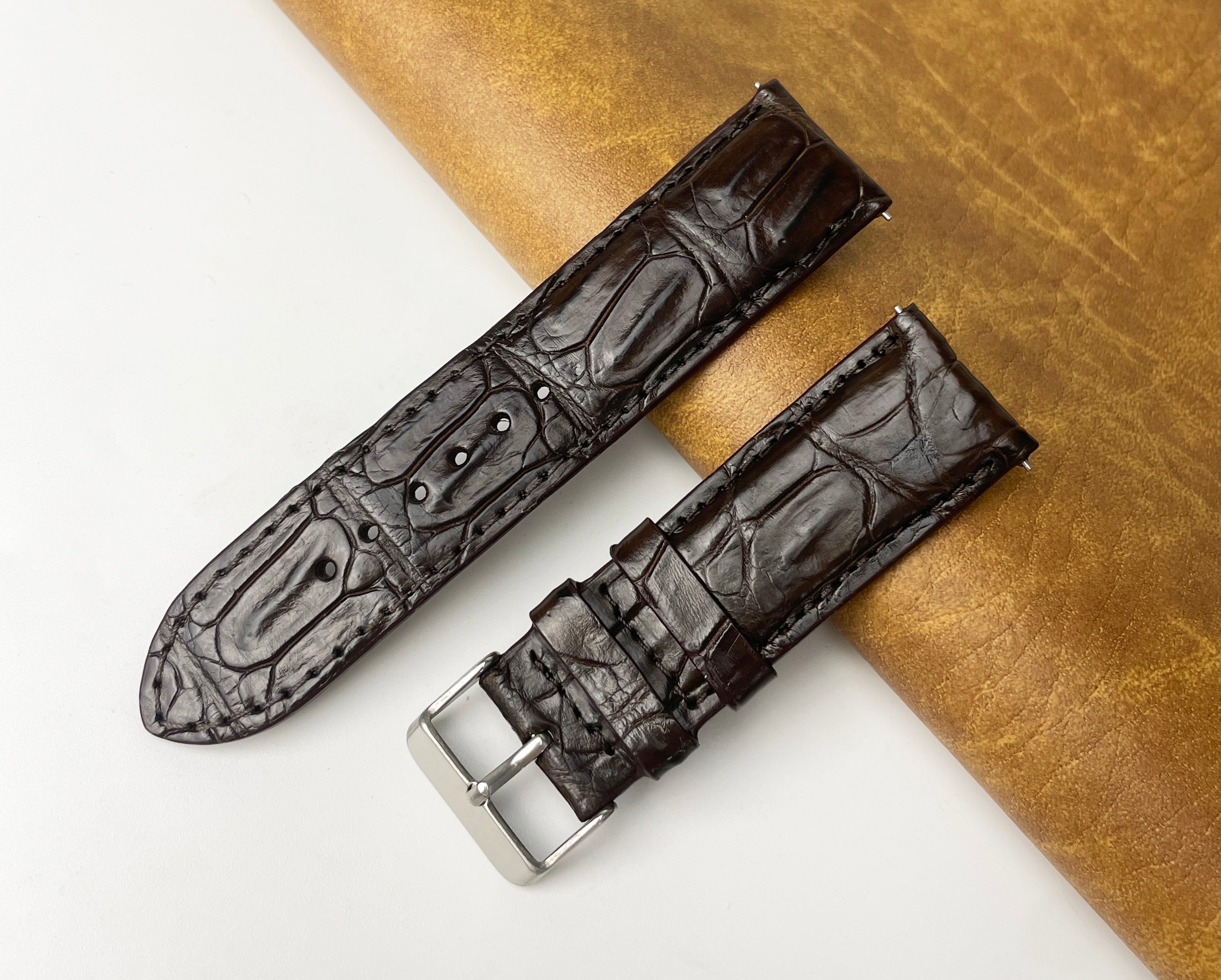 24mm Dark Brown Unique Alligator Leather Watch Band For Men | DH-44E