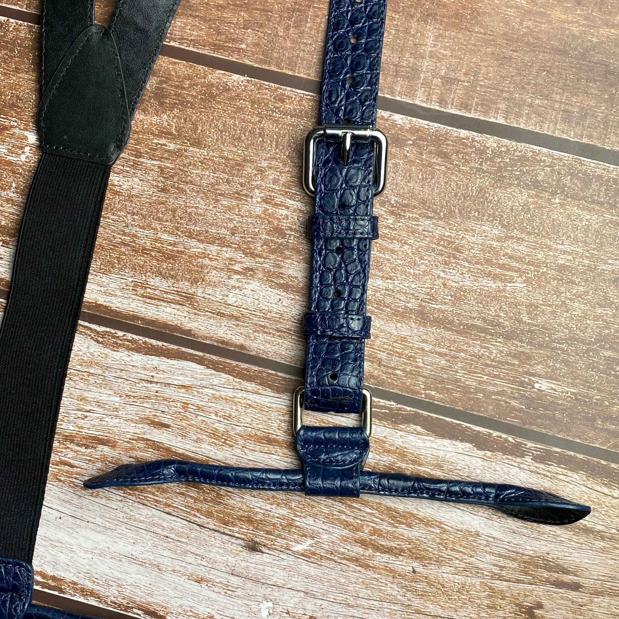Alligator Y-Back Navy Blue Leather Suspenders Men Button End - Groomsmen Suspenders - Wedding Groom Suspenders Adjustable - Vinacreations