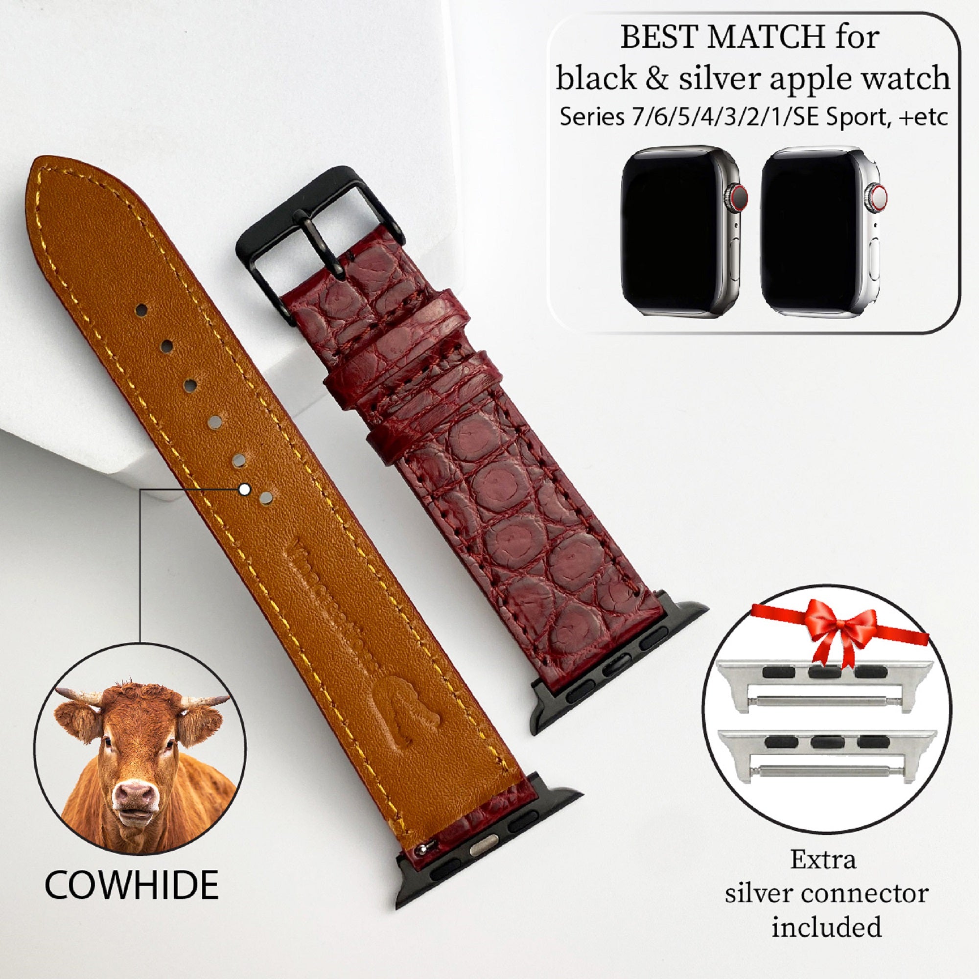 Burgundy Flat Alligator Leather Strap For Apple Watch