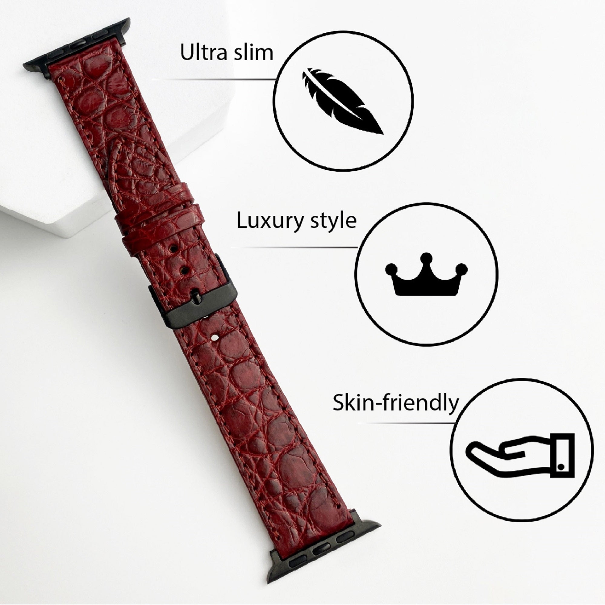 Burgundy Flat Alligator Leather Strap For Apple Watch Ultra Series 8 7 6 5 4 3 SE | AW-27