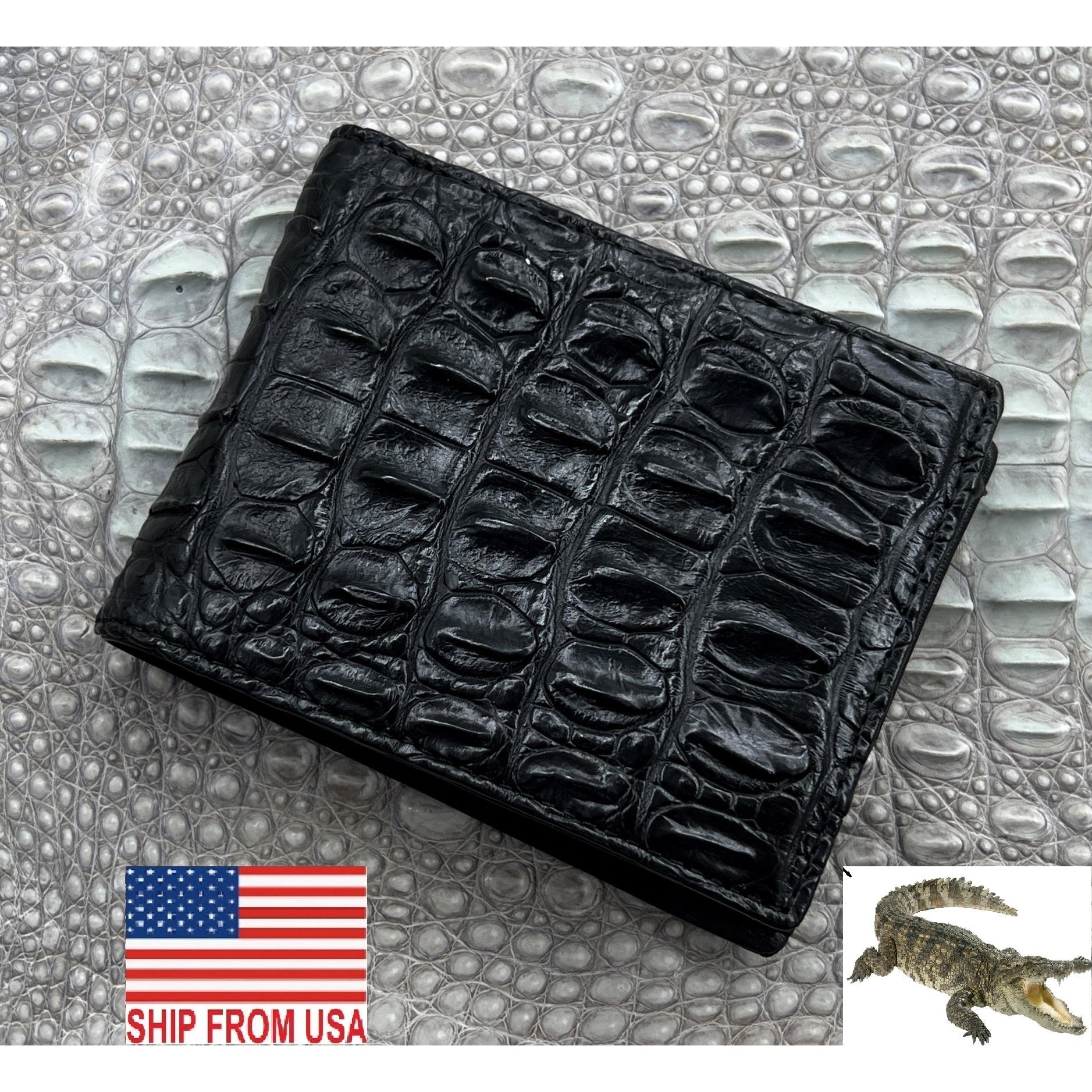 Black Alligator Hornback Skin Bifold Wallet For Men | Handmade Crocodile Leather Wallet RFID Blocking | VL4566 - Vinacreations