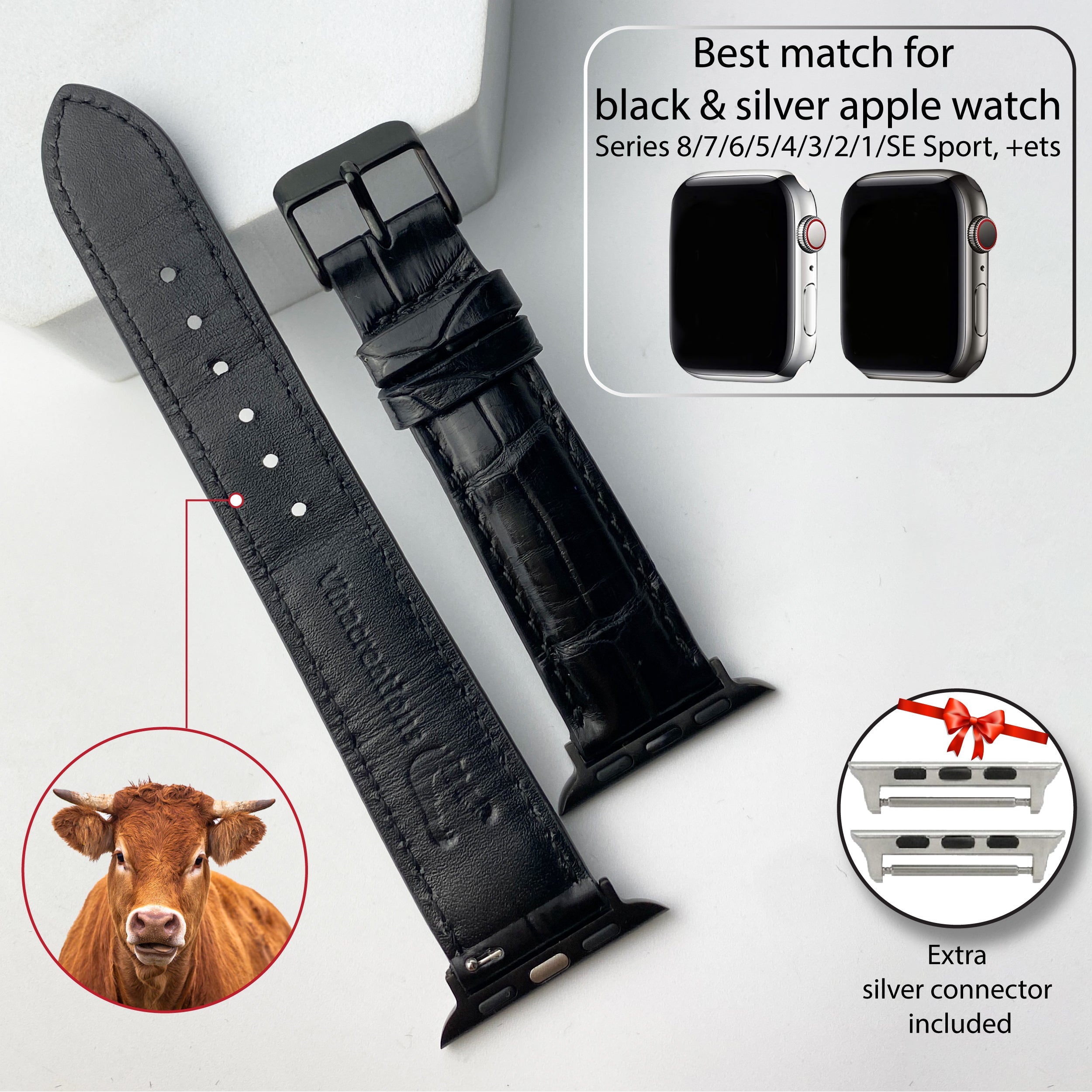 Black Alligator Leather Strap for Apple Watch IWatch Ultra Series 8 7 6 5 4 3 SE - Vinacreations